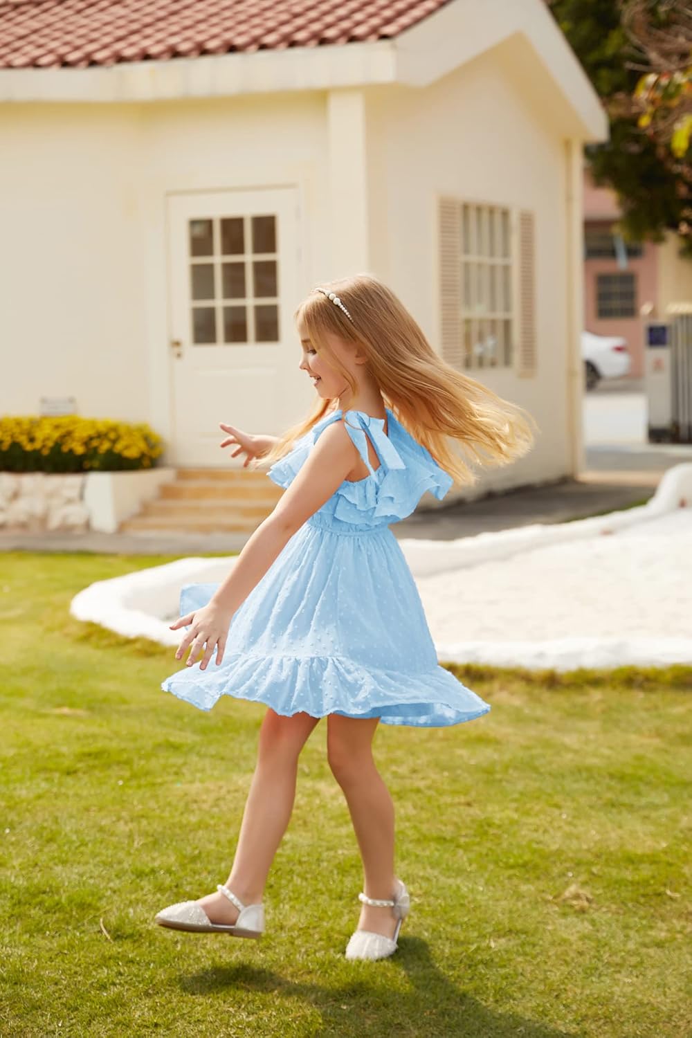 GRACE KARIN Girls Summer Dress One Shoulder Floral Ruffle Sleeve Midi Casual Sundress 5-12Y - Image 2