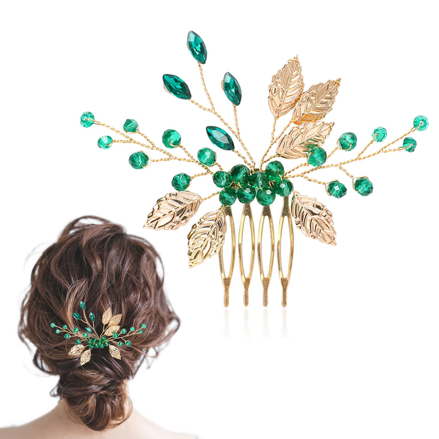 SYOSI Hair Combs for Women Accessories Wedding Hair Accessories For Brides Leaves Crystal Bride Wedding Hair Comb Vintage Gold Emerald Green Crystal Bridal Hair Pieces Rhinestones Hair Clips