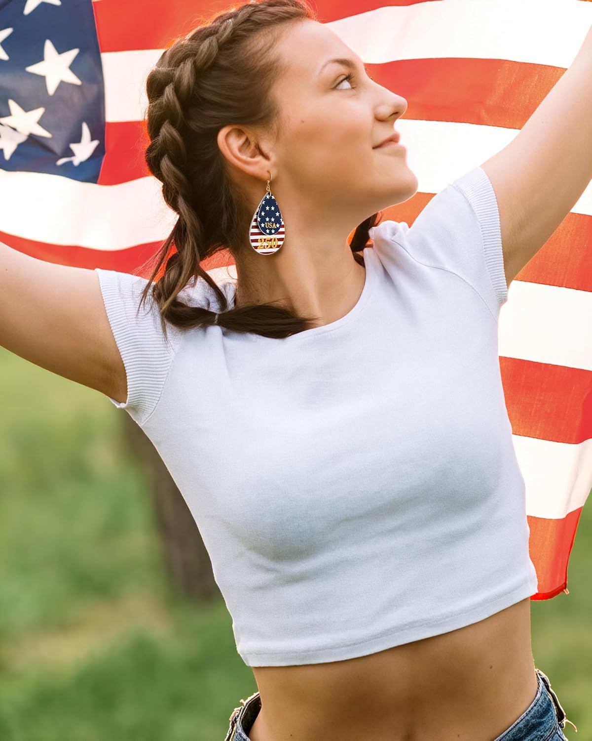 Gold Dangle Earrings for Women - American Flag Teardrop Earrings for 4th of July, Patriotic Independence Memorial Veterans Day Leather Cute Lightweight Fashion Jewelry USA 250th Celebration Gifts - Image 4