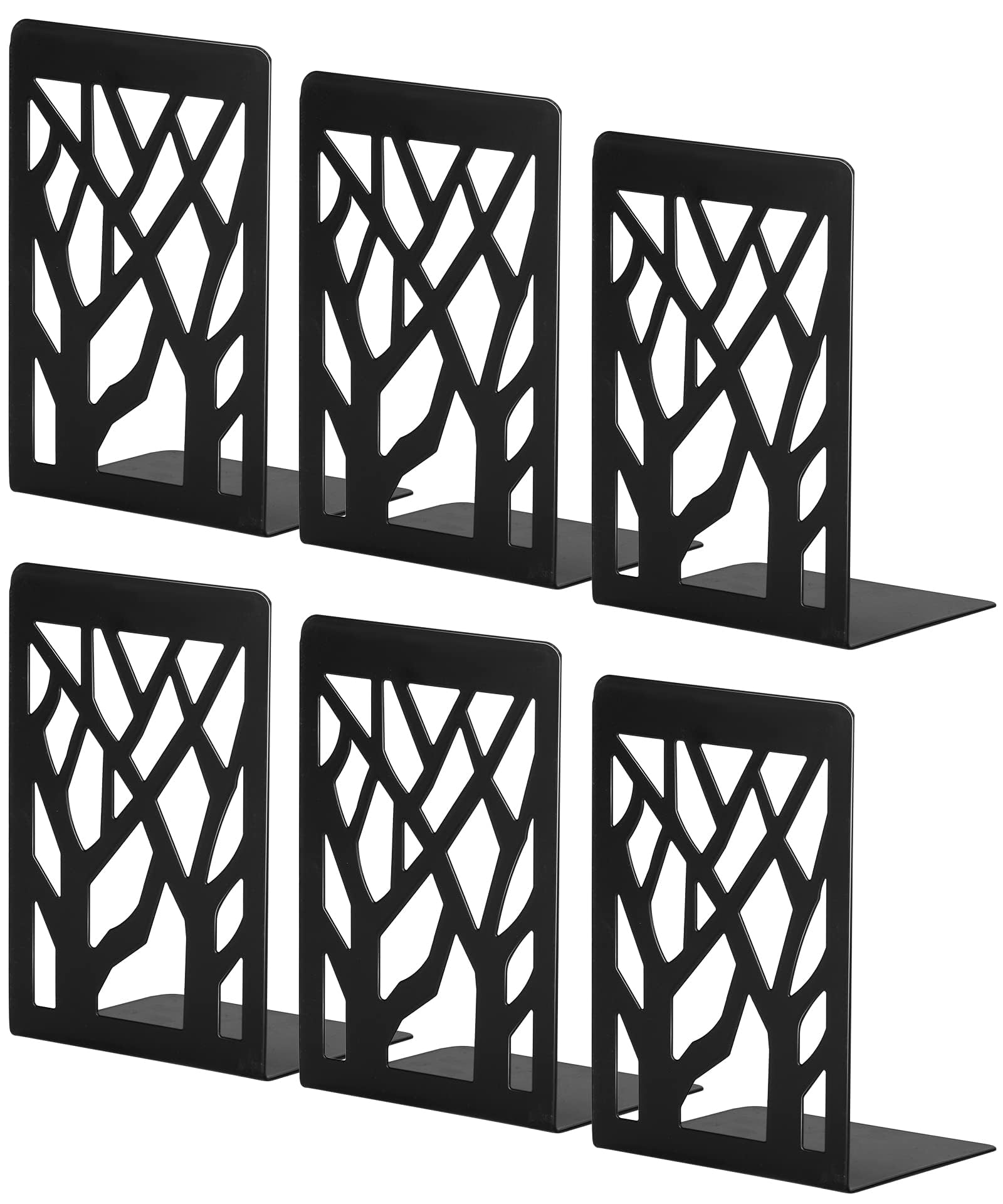 AUFUYAOLIN (3 Pair/6 Pcs) Bookends Metal Book Ends to Hold Books, Tree Decorative Bookends for Shelves, Black Book Stopper Bookend for Heavy Books, Book Holder for Shelf Home Office (A)