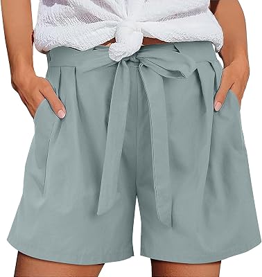 Shorts Damen 2025 Leinen Short Lässig Elastische Hohe Taille Weite Bein Kurzhose Beach Mit Taschen Mode Stoffhose Freizeit Bequeme Sommershorts Bequeme Kurz mit Kordelzug Sport Shorts
