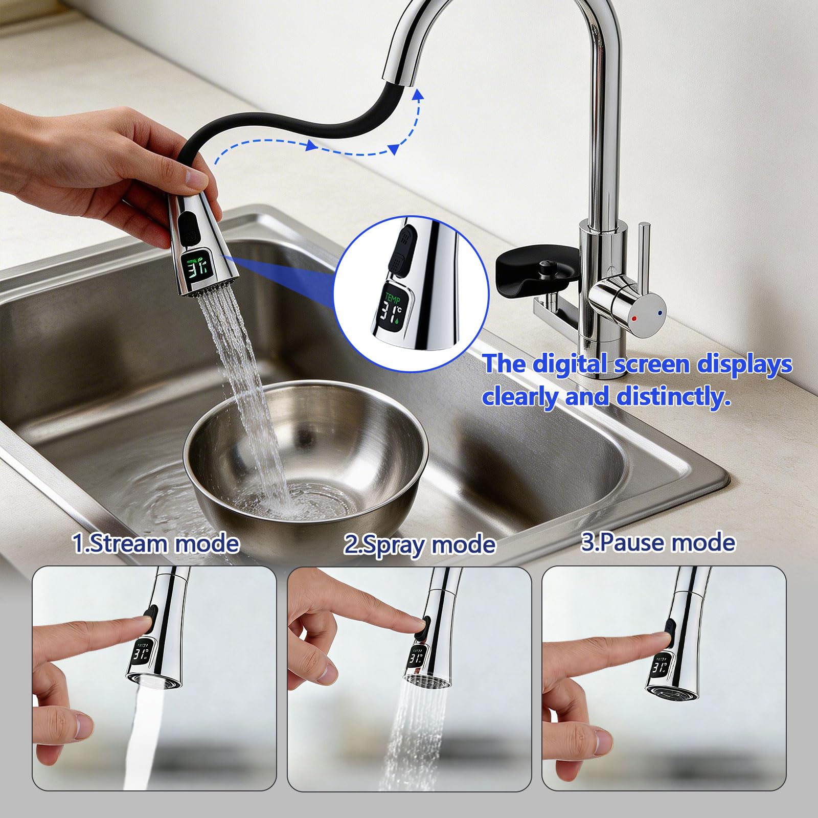 Robinet de Cuisine avec Lave-Verres, Mitigeur Cuisine Douchette Extensible 3 Modes, Affichage LED de la température de l'eau, 360°, Rotatif Acier Inoxydable 304 Brossé, Robinet Évier Multifonction