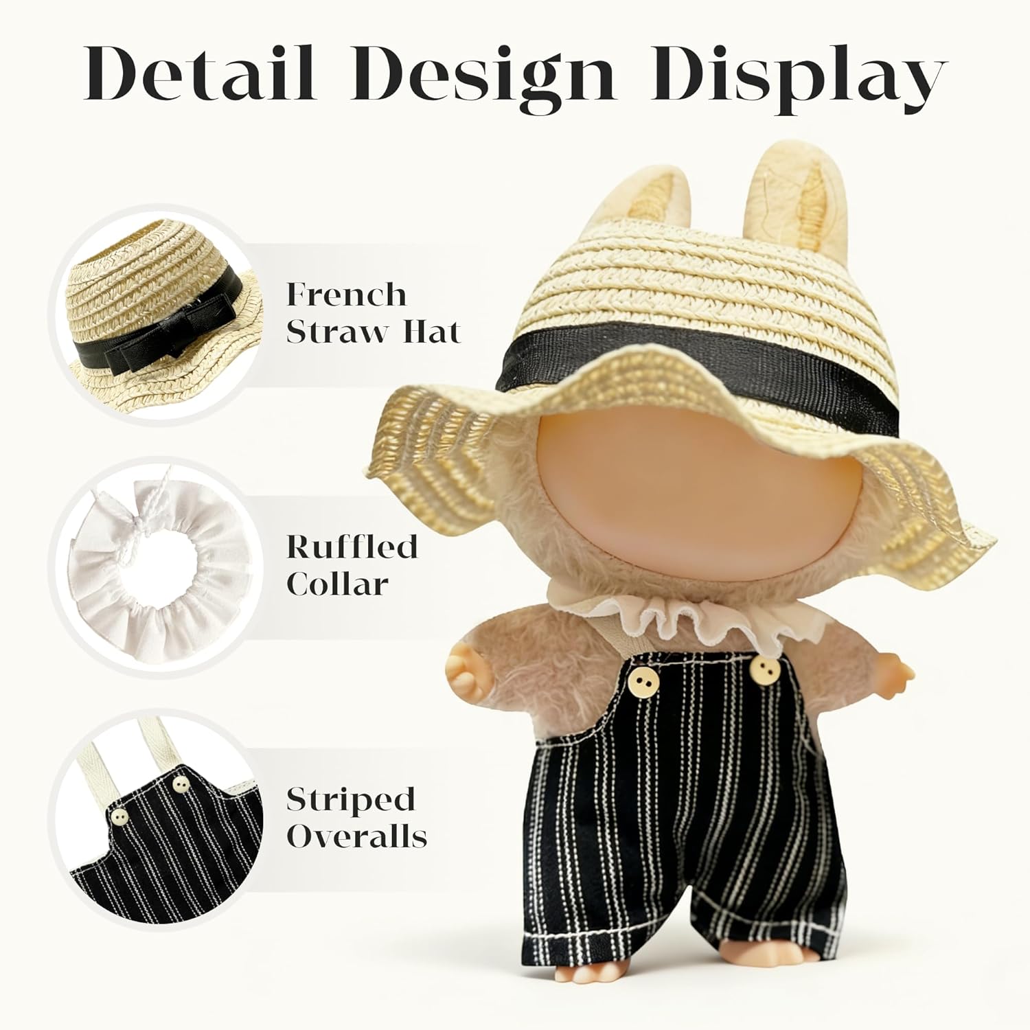 French Vintage for LABUBU Clothes or LABUBU Outfits, Black & White Striped Overalls with Ruffle Collar & Straw Hat, Classic Parisian Style Doll Clothes.