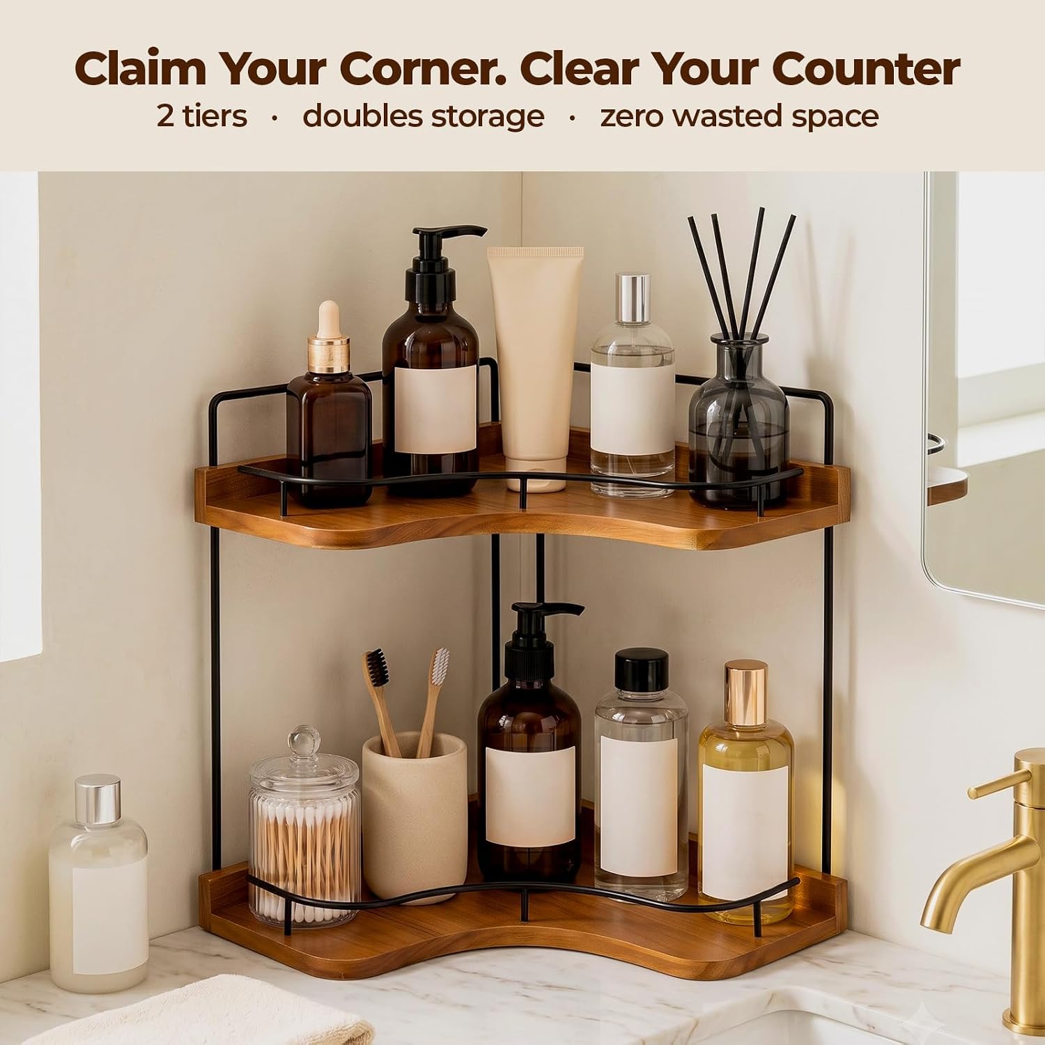 Rofio 2-Tier Corner Bathroom Counter Organizer with Solid Wood Shelf | Natural wood vanity storage rack for skincare & makeup. Fits bathroom, kitchen, bedroom & countertop corners.