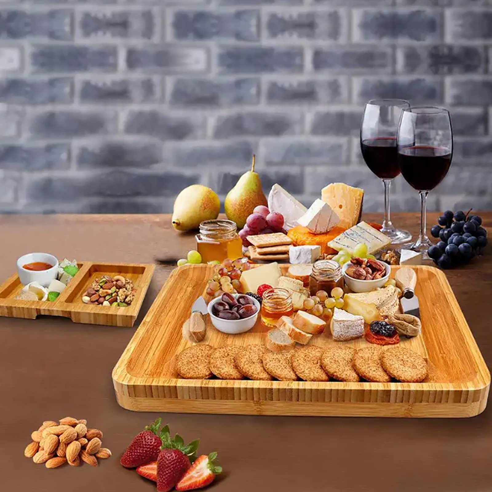 Doppeltes Käsebrett Aus Bambus, Käseplatte, Wurstplatte, Serviertablett Mit Besteck In Doppelt Ausziehbarer Schublade, Geschenk Für Valentinstag, Hochzeit, Einweihungsparty