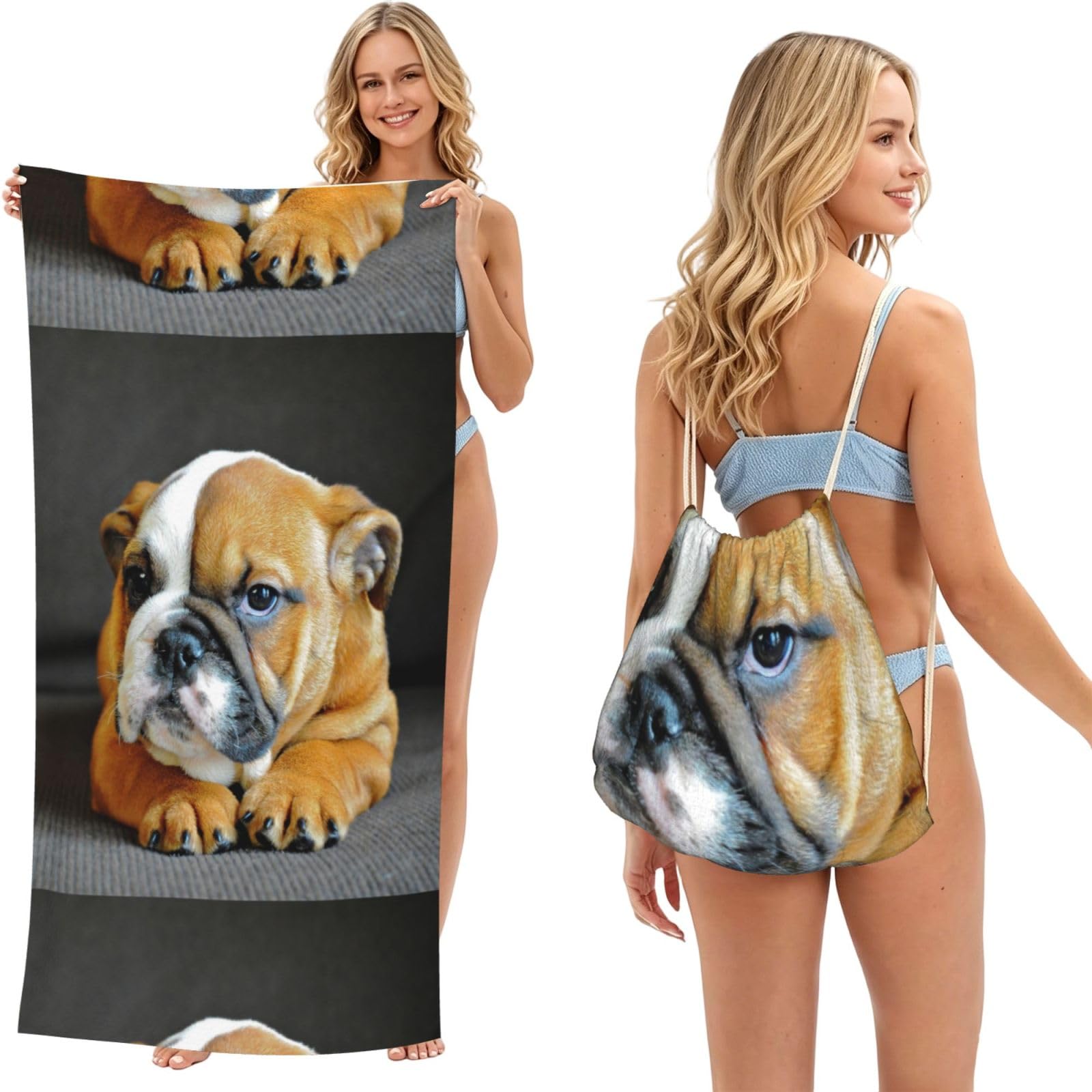 Poadnly As Picture English Bulldog Puppy Dog, 2 In 1 Packable Towel Bag, Beach Towels With Drawstring Backpack For Travel Holiday Camping