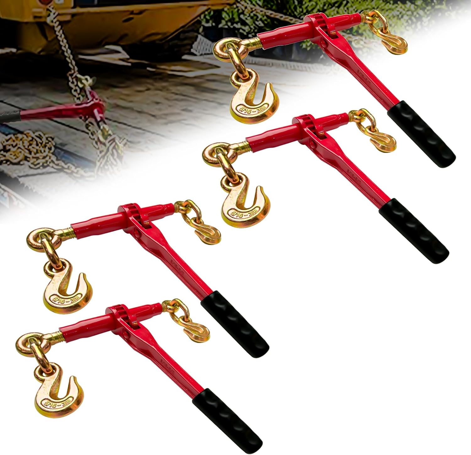 Ratchet Chain Binders 5/16'' - 3/8'' | 4-Pack Load Binders w/Clevis Hooks | 5,400 Lbs Working Load | Compatible with G43, G70 & G80 Chains | Secure Tie Down Binder for Hauling and Towing