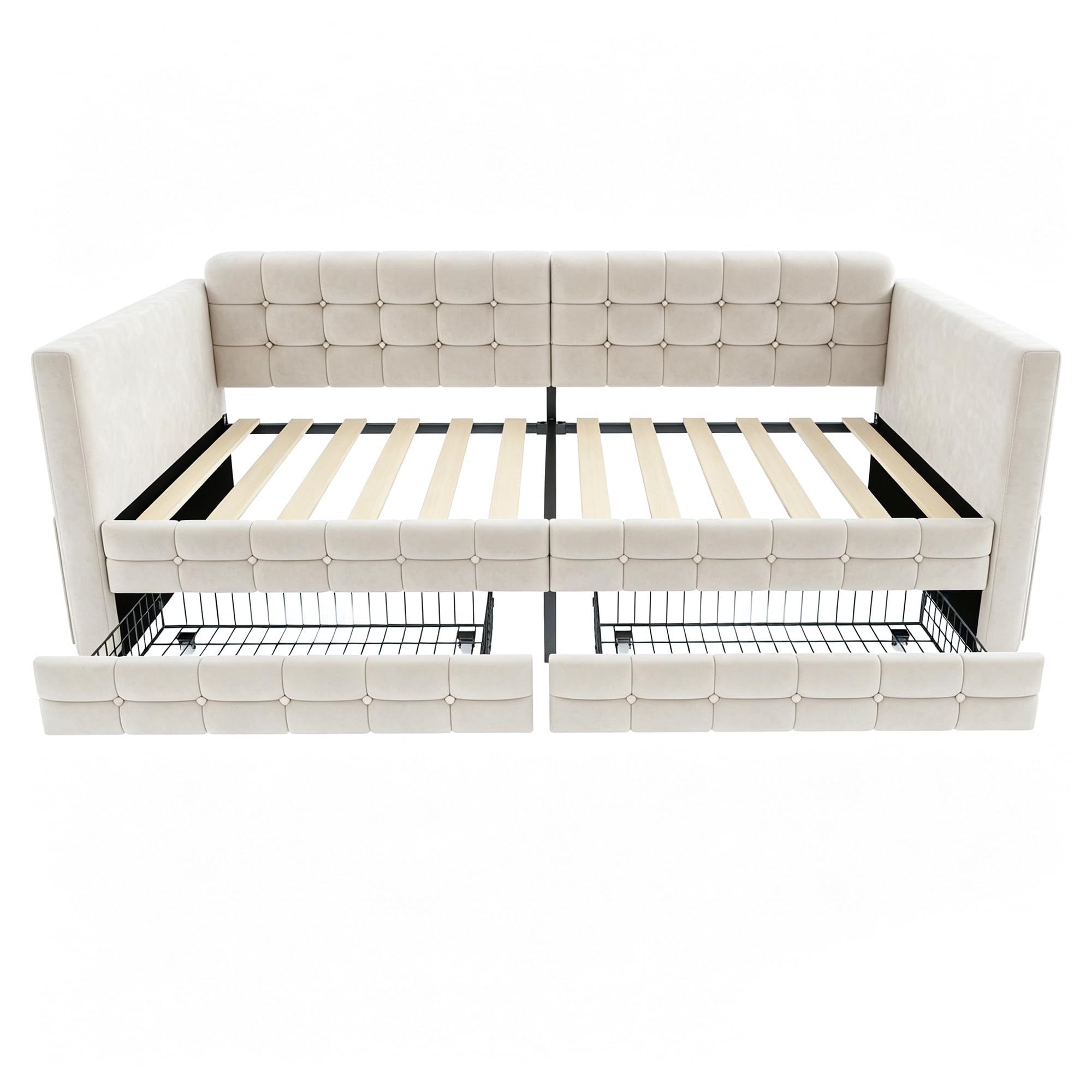 Estructura de Sofa Cama Individual 90x190cm Cama Tapizada con 2 Cajones Mueble Dormitorio Base de Cama Somier Madera Bolsillos Laterales Habitacion Invitados Terciopelo Beige