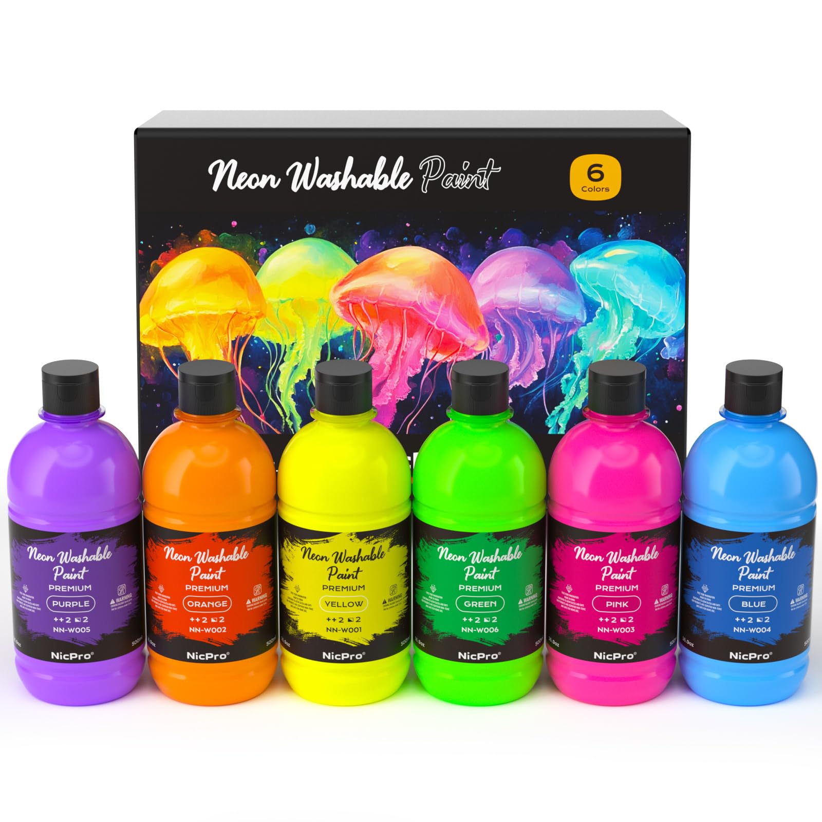 Nicpro Peinture Fluorescente Lavable 6 Couleurs X 500 ml, Peinture Acrylique Luisant Dans Le Noir, Non Toxique, Acrylique Fluorescente pour Bricolage, Vêtements De Fête, Halloween, Noël Déco