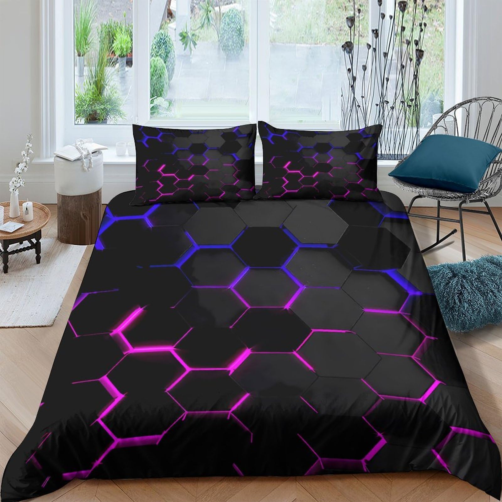 GPLZQXKJNH 3D Printed Hexagon Pattern Duvet Cover Microfiber Soft Breathable Futuristic Neon Bedding Set with 2 Pillowcases for Bedroom Decor Single（135x200cm）