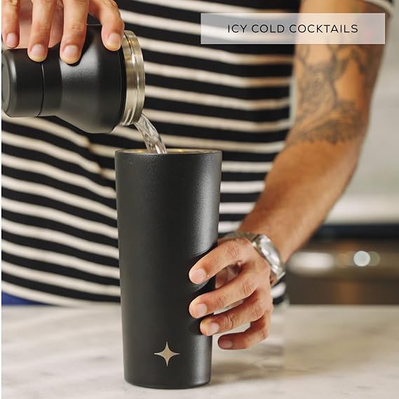 JoyJolt Triple Insulated Cocktail/Protein Shaker Bottle. 20oz Shaker Cup with Alcohol Measure Lid and Jigger Cap. 12hr Ice Cold Bottle for Protein Mixes, Shake or Smoothie, Metal Mixer