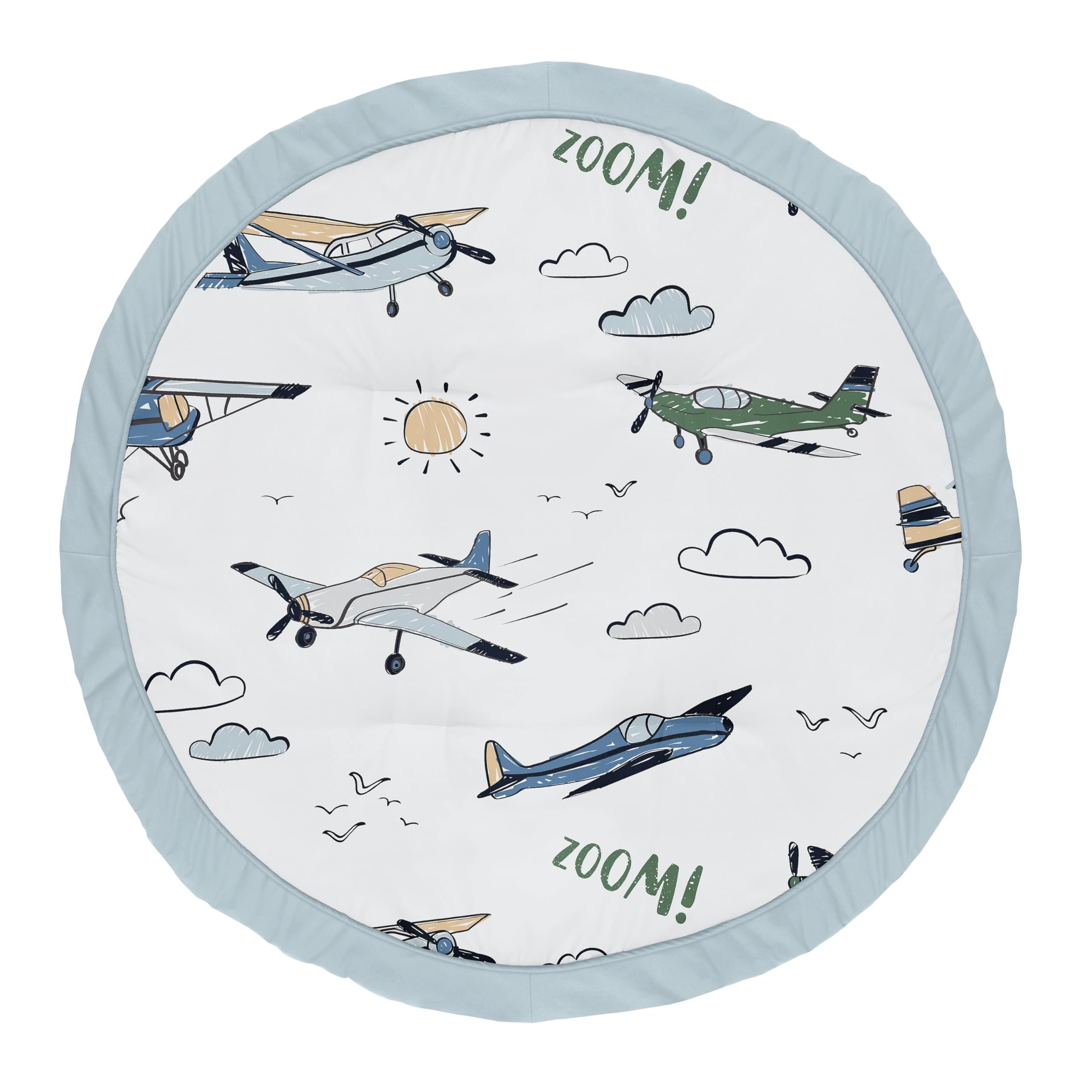 Sweet Jojo Designs Vintage Airplane Boy Baby Play Mat Tummy Time Activity Infant Playmat Playpen Tent Teepee Floor Grey Green Blue White Yellow Airplanes Plane Transportation Clouds Sun Sky Aviator