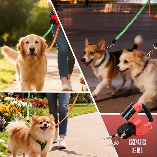 Foto 7 de 7 de BAIFULAI Correa retráctil para 2 perros, correa doble de 3 m para 2 perros con luz, mango antideslizante