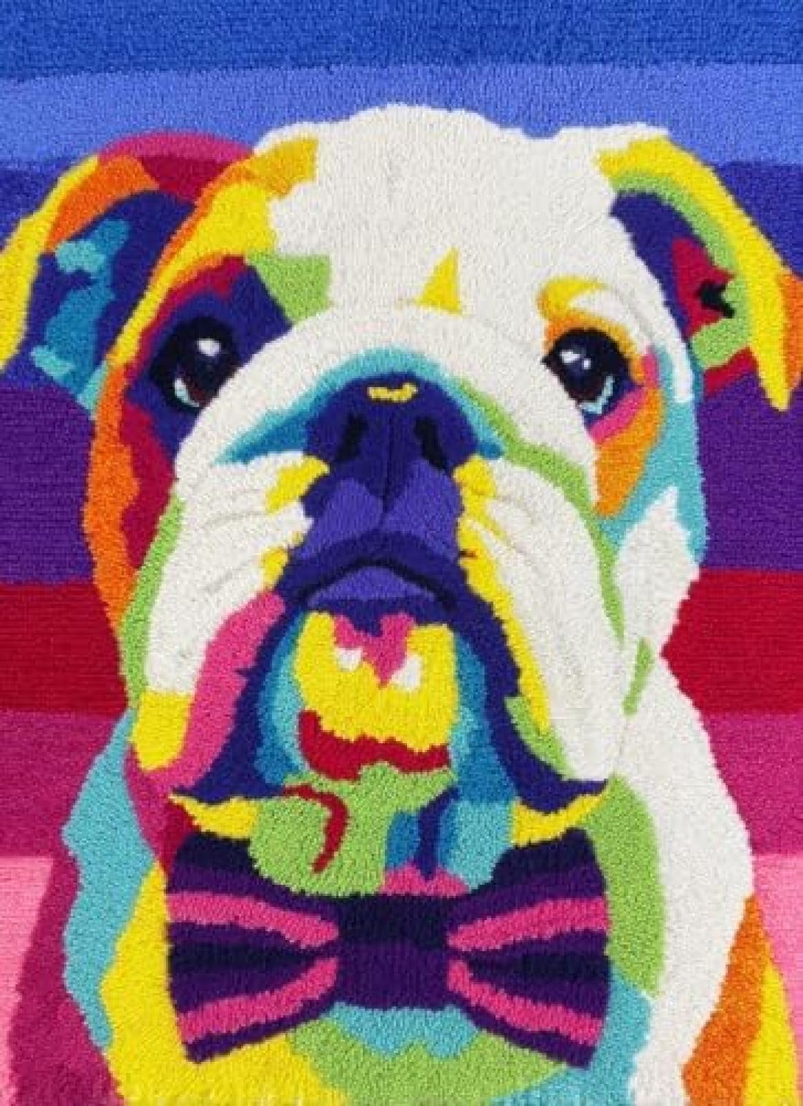 XDEGHUANGSS Latch Hook Rug Kit English Bulldog Dog Puppy with A Bow Tie with Pre-Printed Mat Cover DIY Cushion Crochet Yarn Hooking Craft Set for Floor Decor 38x52cm-2