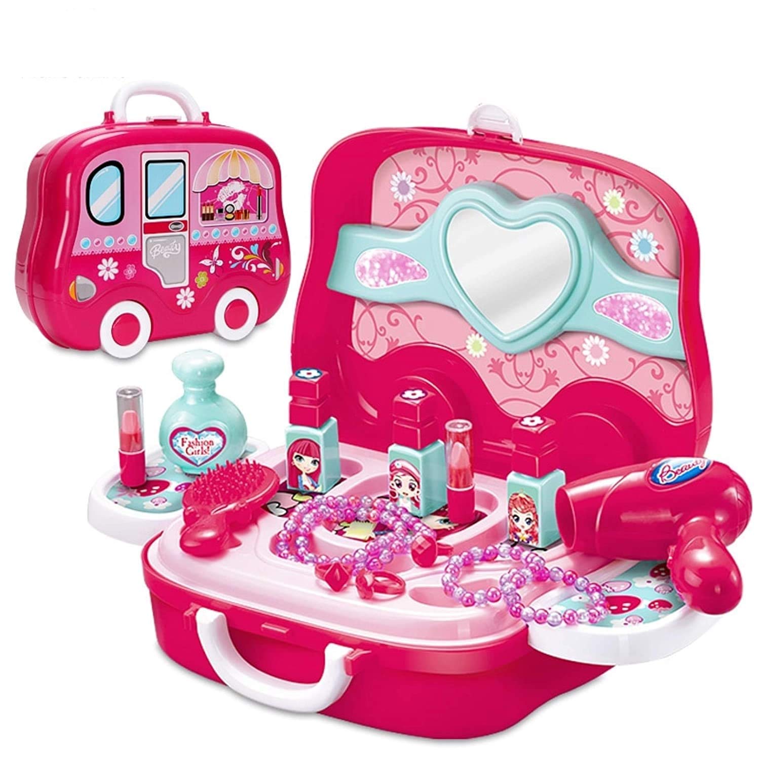 LONGMIRE Pretend Role Play Carry Along Happy Dresser Makeup Set for Kids Girls Toys 3 Years Old (Pink) (B0938CJPD8) Amazon Price History, Amazon Price Tracker