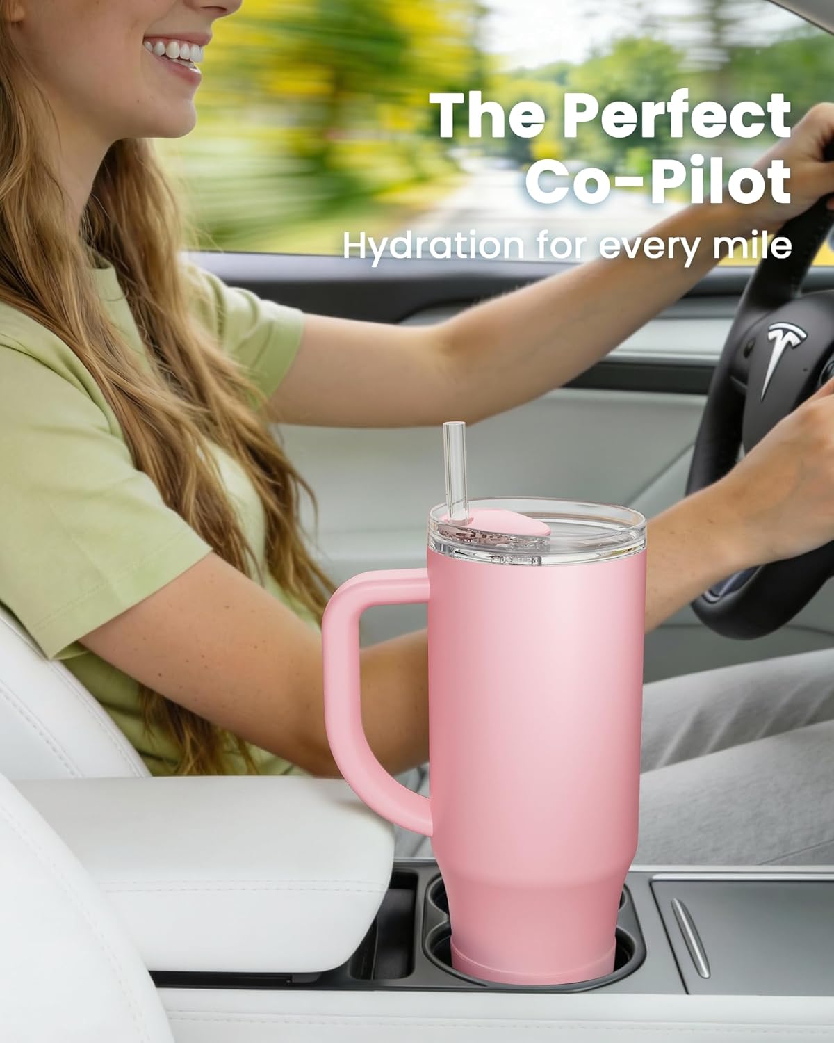 Renoj Tumbler with Handle 100% Spill Resistant Insulated Water Bottle for Iced Coffee & Hot Drinks - Fits Car Cup Holder, Ideal Gift, 2 Straws & Silicone Boot BPA-Free - FlexSlide Pink 40 oz - Image 2