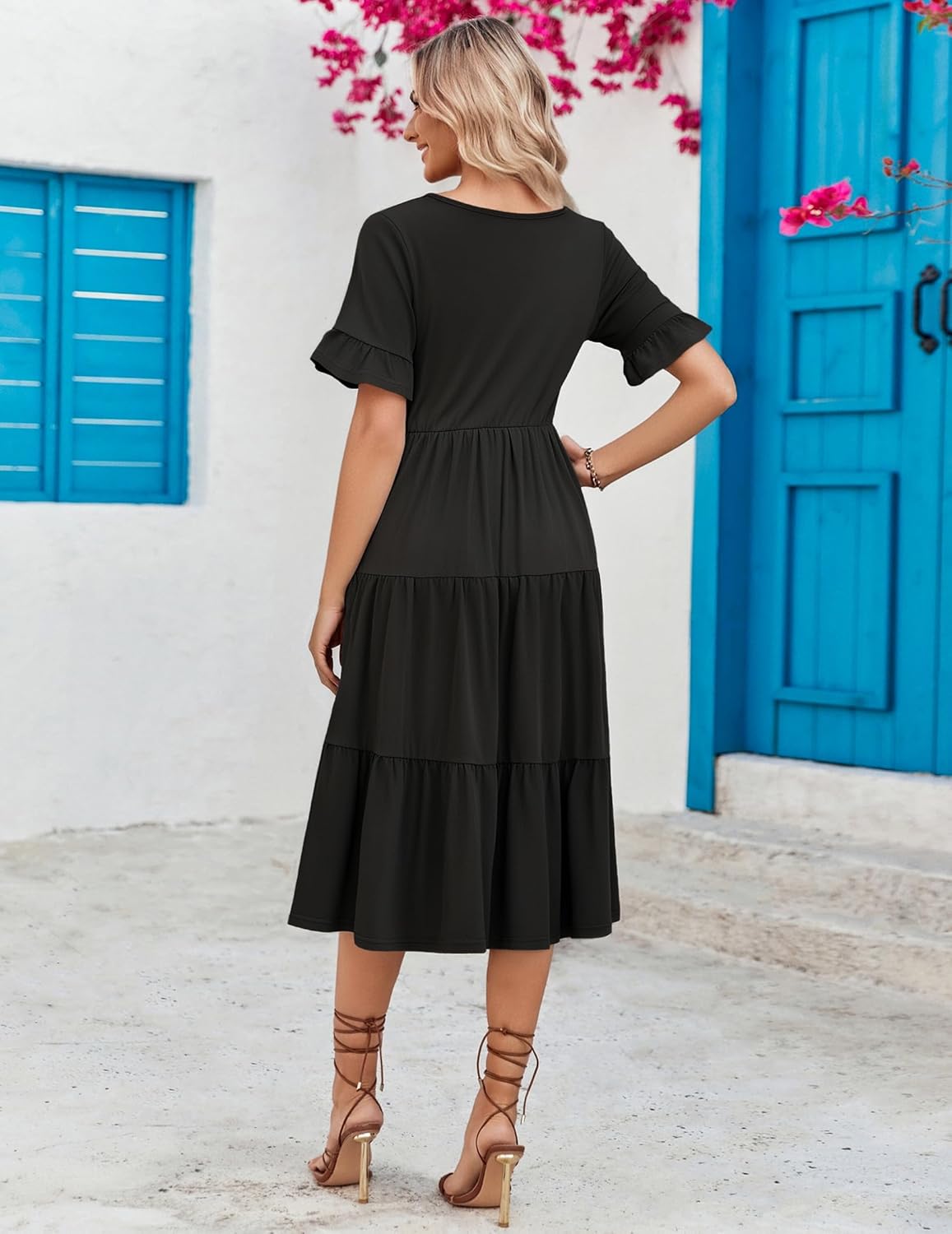 ZEAGOO Women's Summer Dresses Midi Tiered Casual Dress Floral V Neck Ruffle Short Sleeve Flowy Beach Dress with Pockets - Image 6