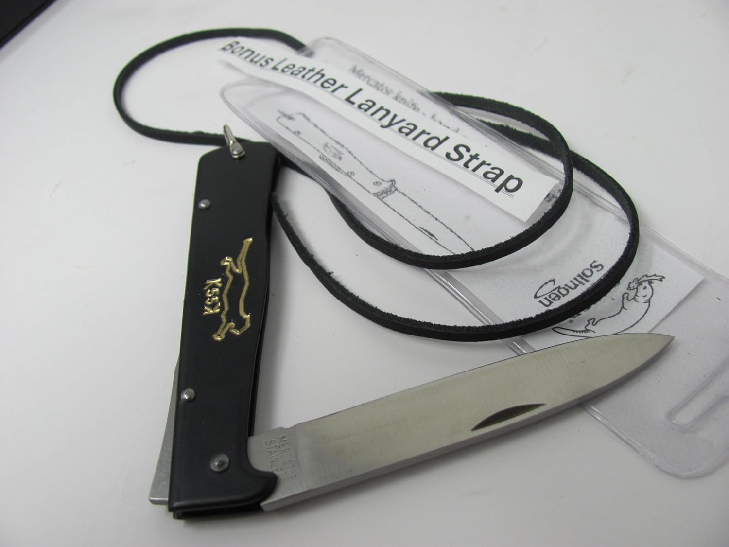 Maserin Mercator German Made Otter-Messer Black Cat Stainless Steel Pocket Knife with Shackle with a Leather Lanyard Strap