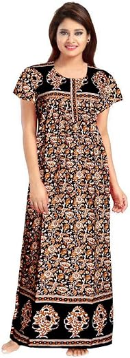 KBNBJ Nighty for Women Cotton Printed Maxi Gown Ankle Length Nighty Night Dress Gown for Women Maxi - Free Size (Black Daman)