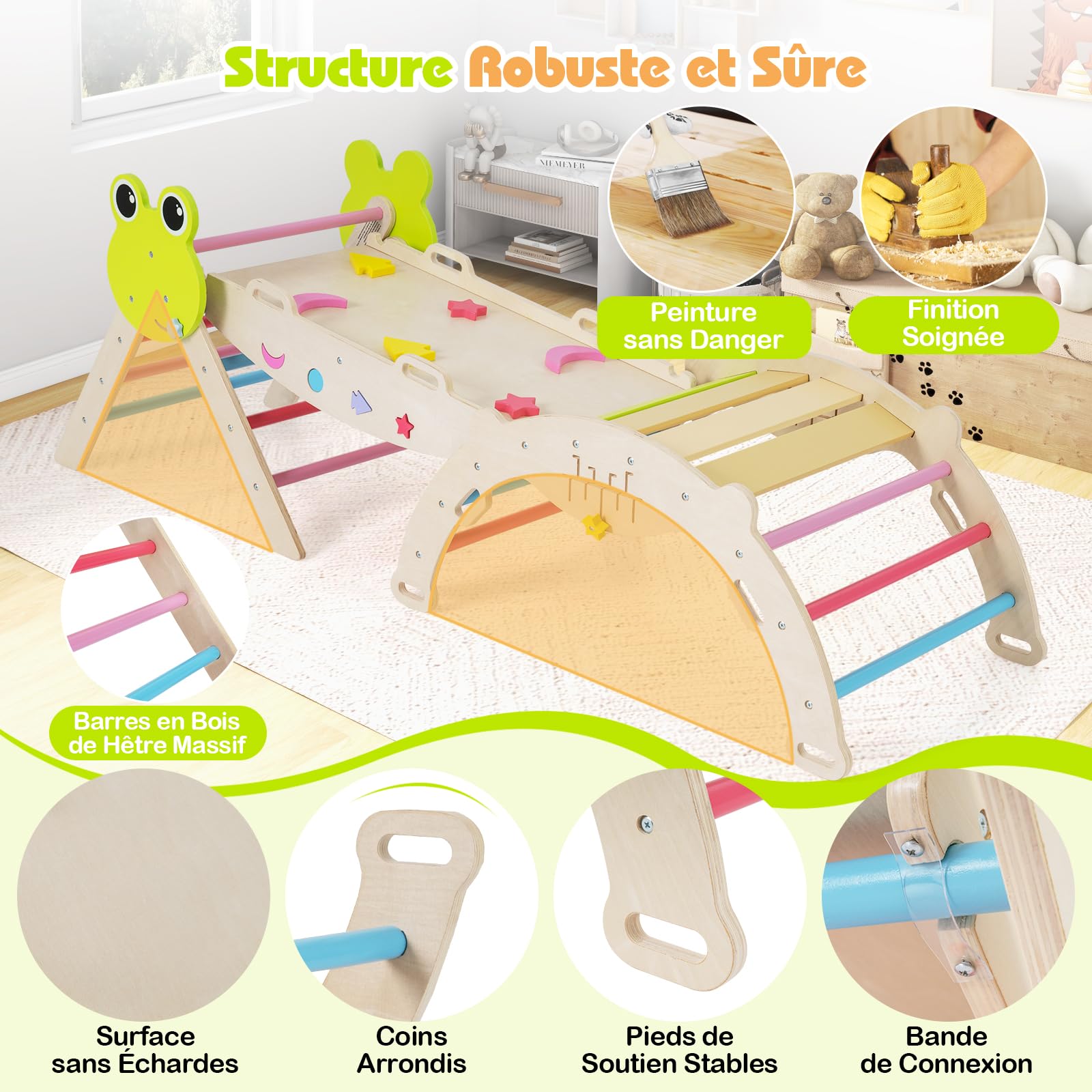COSTWAY 7 en 1 Triangle d'escalade Enfant Pliable sur Thème Grenouille avec Rampe & Échelle, Arche d'escalade Montessori en Bois Hêtre avec 10 Blocs & Labyrinthe, Aire de Jeux Intérieur pour 1 an+