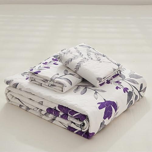 Miniatura 6 de Colchas de cama con estampado floral, tamaño King, color morado y gris, colcha de hojas transpirable, cubrecama bontánica, manta de microfibra