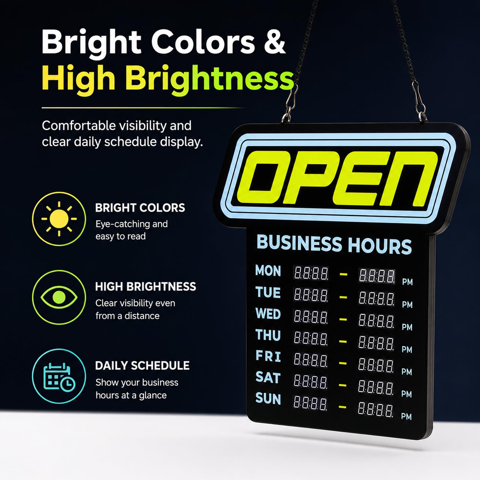 Insegna LED Aperto, Orari Settimanali, Display Digitale e Pannello Acrilico | Programma LUN-DOM, LED Uniformi e Catena per Negozi, Caffè e Ristoranti