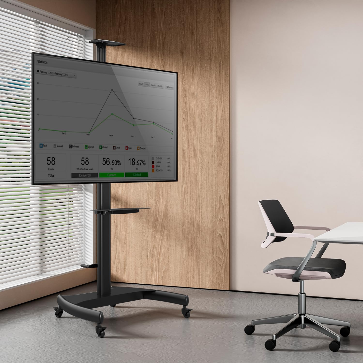 AISENS - FT70TE-169 - Soporte de Suelo Eco con Ruedas y Manivela, Bandeja para DVD y Soporte de Cámara para Monitor/TV 50Kg de 37-70, Negro