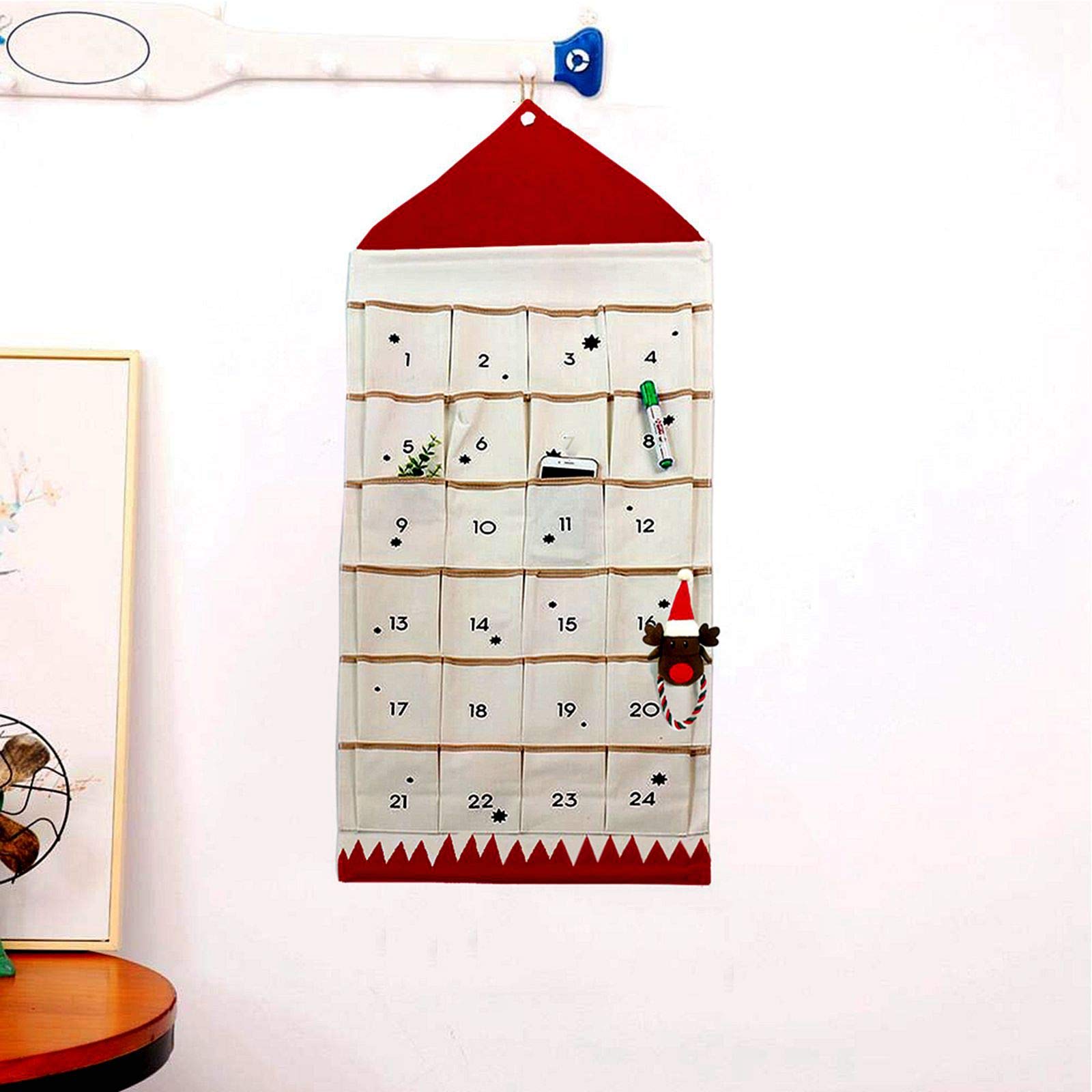 JapanAmStore Christmas Advent Calendar with Pockets Wall Hanging Bag for Home Xmas Countdown Decoration(Red)