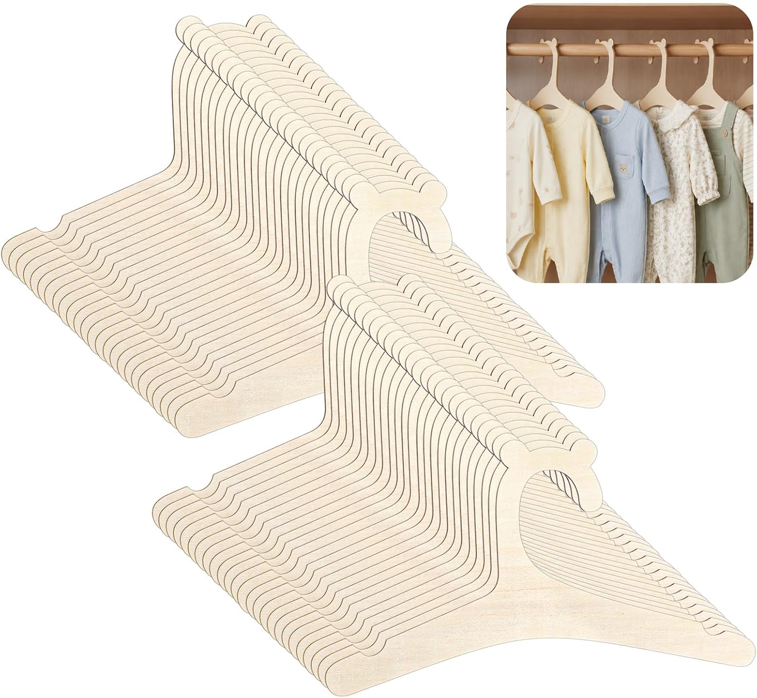 Qianyu 50 Pack Cute Newborn Babys Hanger Wooden Baby Hangers for Clothes