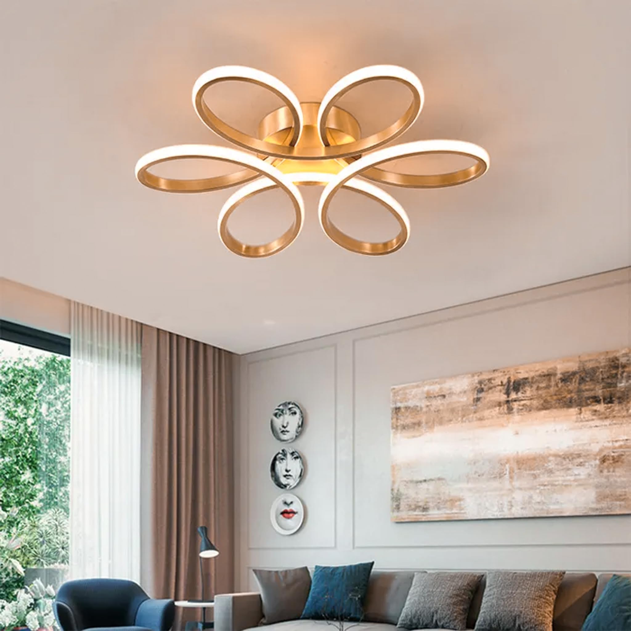 swanart Florex Modern Rose Gold Ceiling Light Fixture, 60cm Diameter LED with White, Warm, Natural Colour Change, Elegant 6-Ring Design, Ultra-Thin 12cm Height for Living Room, Bedroom & Dining Room-image-6