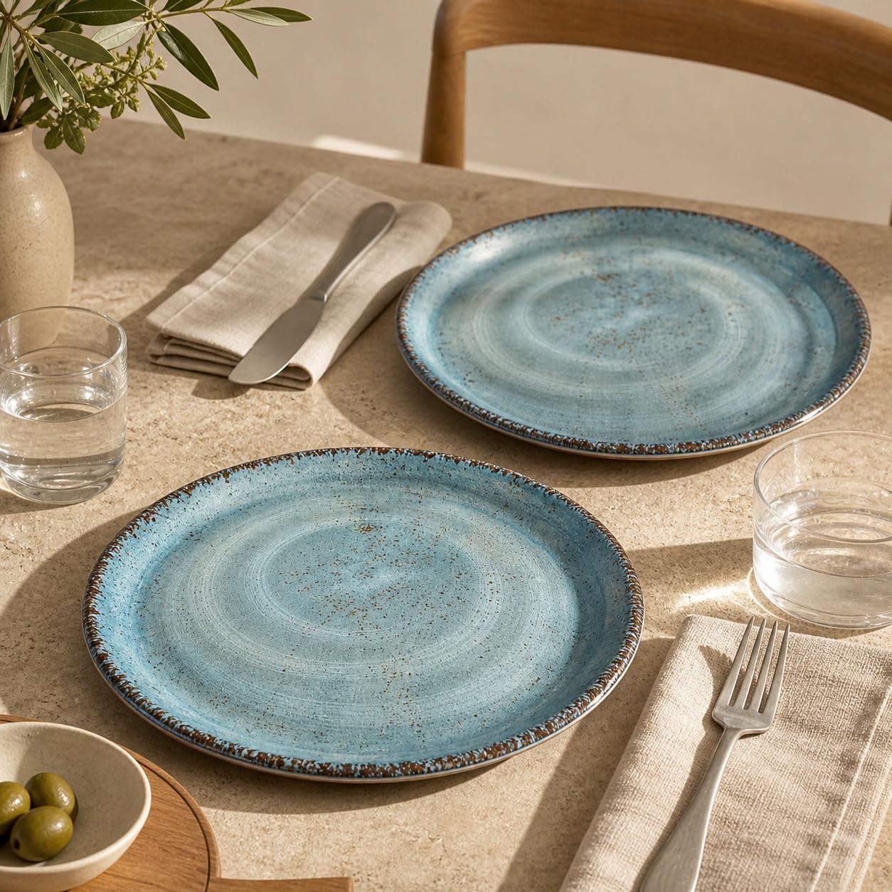 Pack 2 Platos Llanos Melamina 28 cm Azul Piedra | Efecto Cerámica Artesanal Rústica | Vajilla Ceracor Estilo Restaurante Resistente a Roturas, Apta Lavavajillas