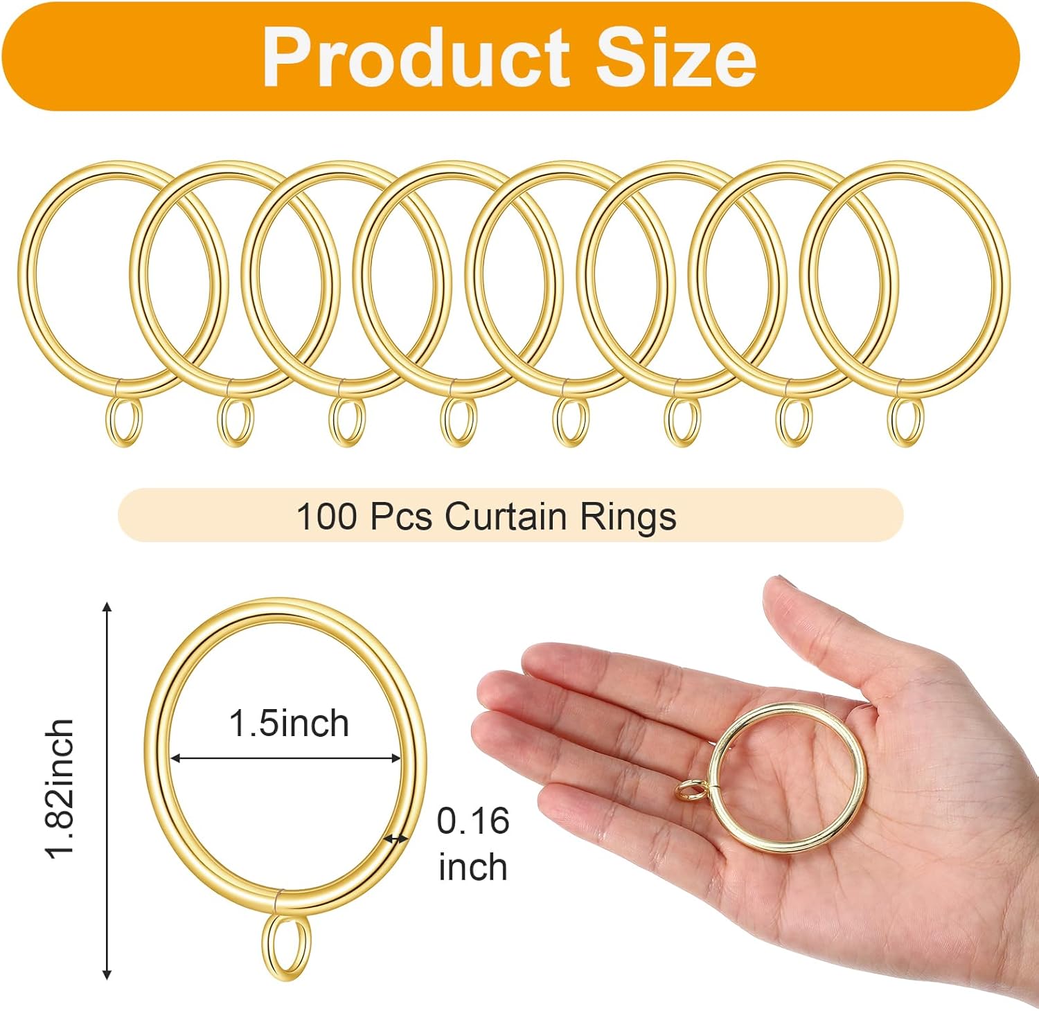 100 Pcs Curtain Rings with Eyelets, Metal Drapery Rings 1.5 Inch Inner Diameter, Fits Up to 1.25 Inch Rod, Gold Glide Smoothly Rustproof