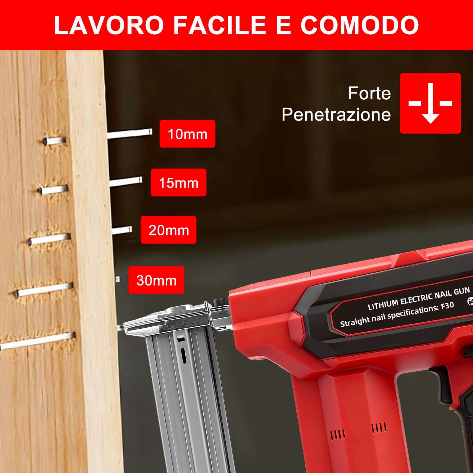 Chiodatrice Elettrica, 2 in 1 Chiodatrice e Graffettatrice con 500 Chiodi F30 e 500 Graffette Tipo 422, Chiodatrice a Batteria Senza Fili, per Vari Tipi di Legno, 1500mAh Batteries *2