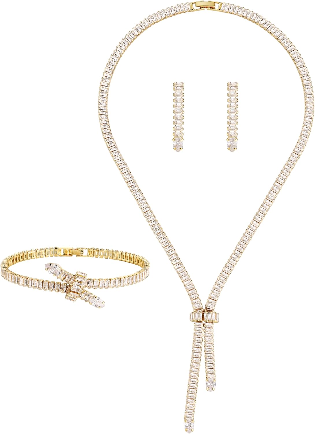 HZMAN Crystal Jewelry Set for Women Bride Dainty 18K White Plated Cubic Zirconia Tassel Stud Earring Knot Necklace Bracelet Wedding Party Jewelry Gift