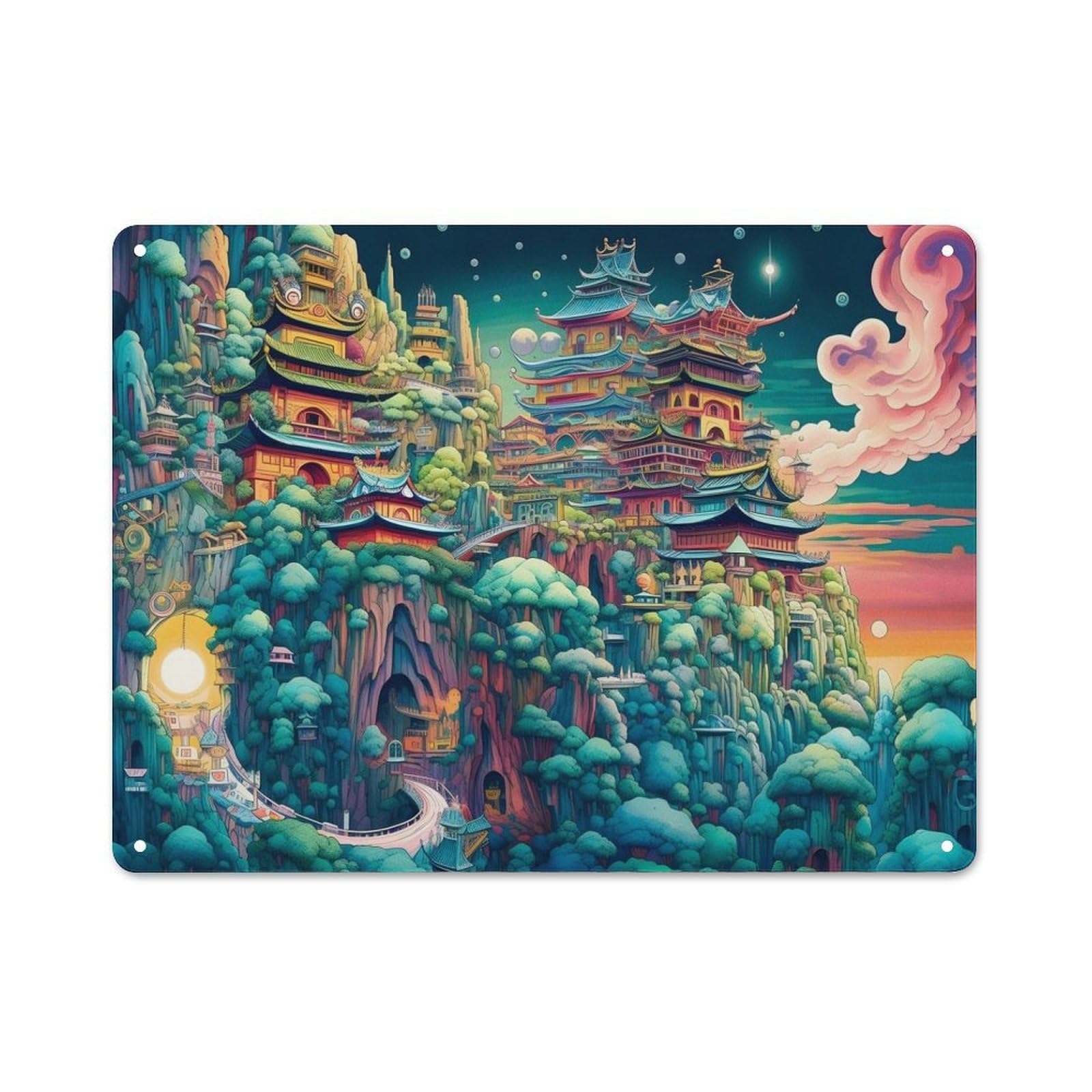 Junmoney Style-11-2-1 Classic Metal Plaque 30X40cm Featuring Japanese Fantasy Palace 09, Bistro Wall Plaque For Kitchen, Cafe, Pantry Or Dining Room