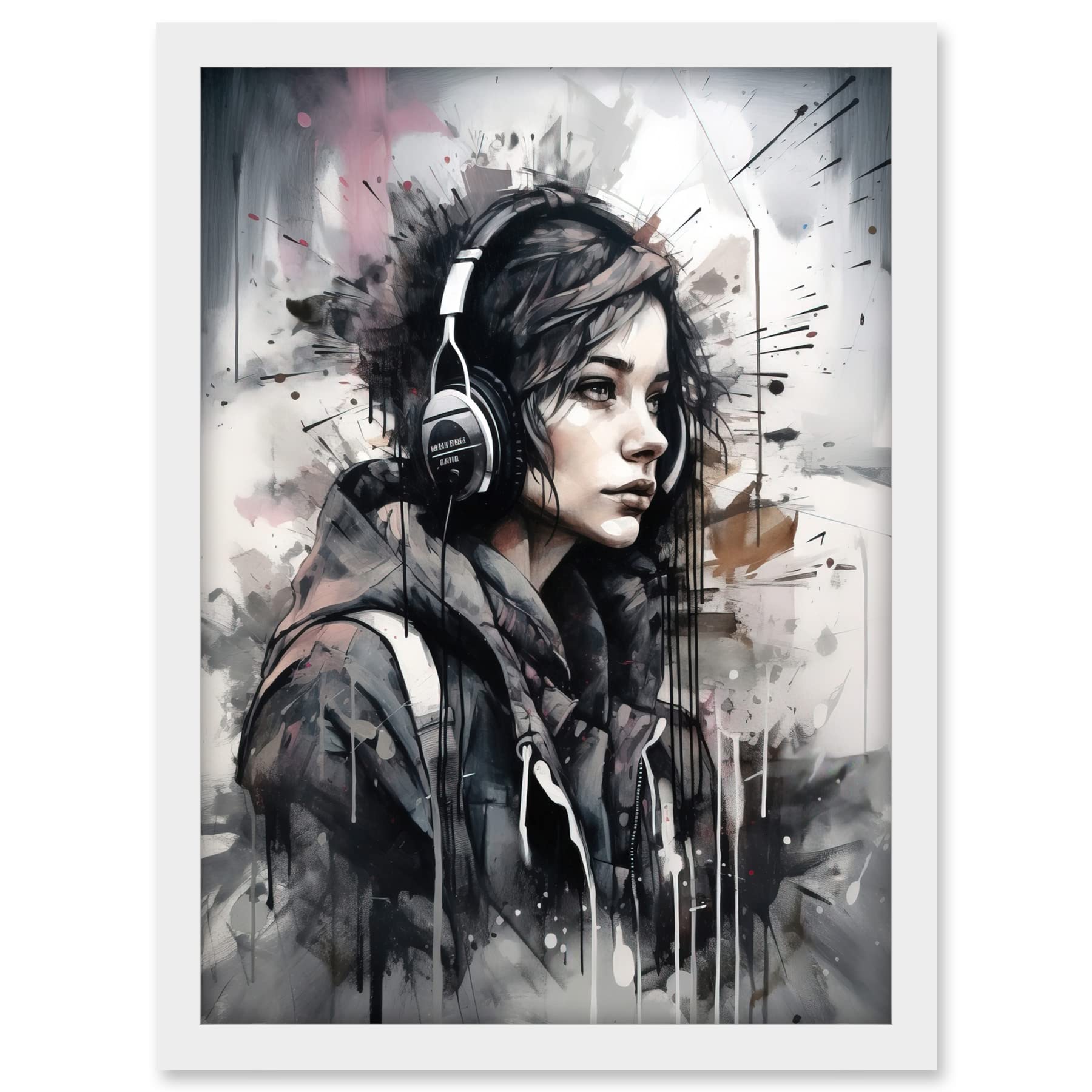 Artery8 Teenager Girl in Black Hoodie Listening to Music through Headphones Modern Watercolour Painting Artwork Framed A3 Wall Art Print