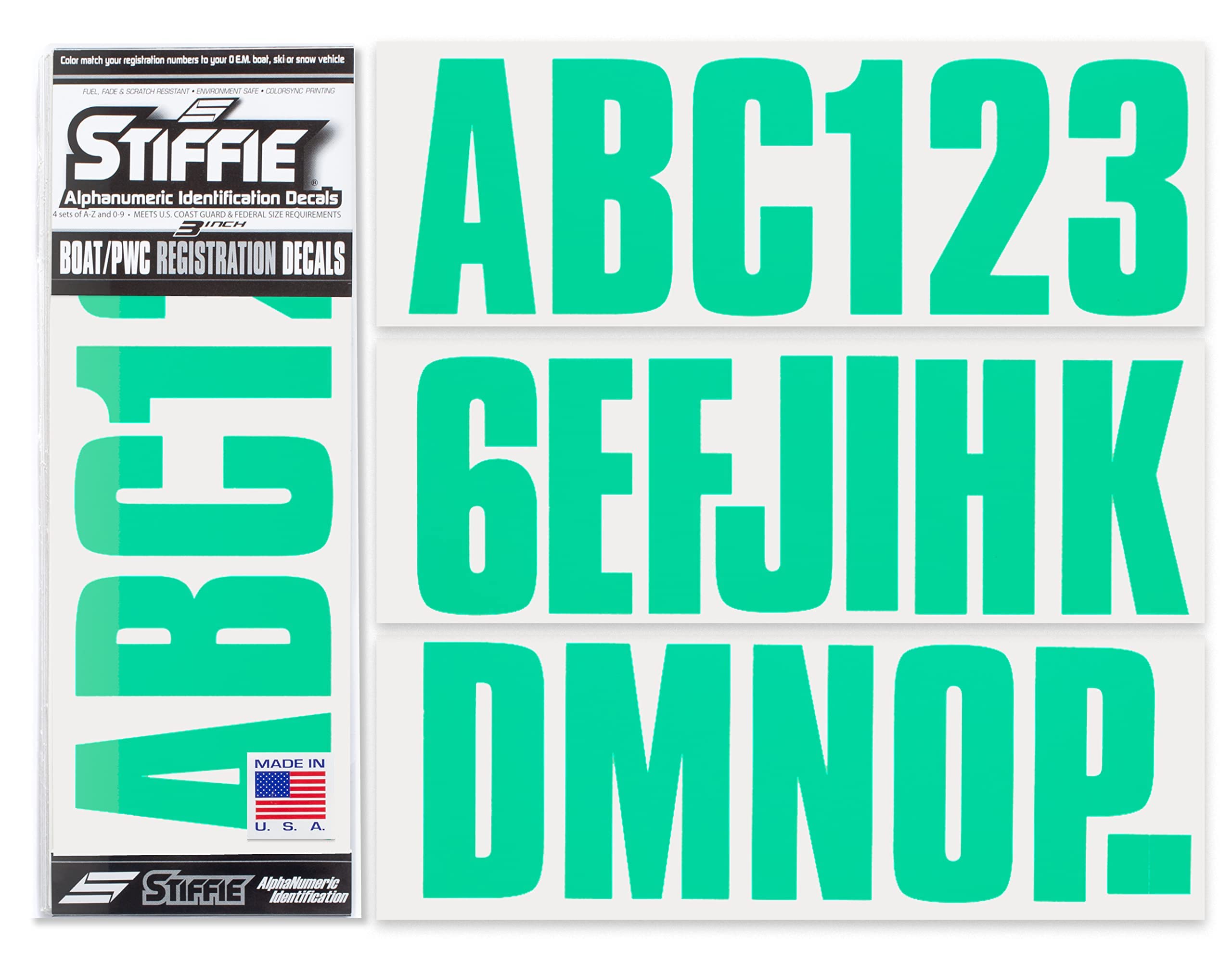 STIFFIE Uniline Seafoam Green 3" Boat &amp; PWC Registration Decals • Numbers Letters Stickers