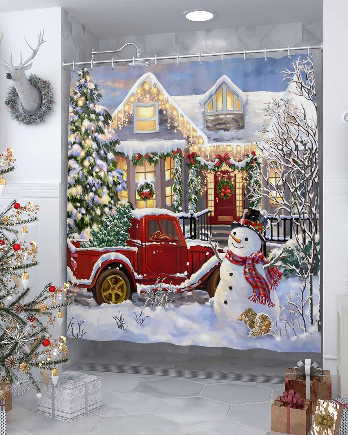 BestLives Winter Christmas Shower Curtains Snowman Pine Tree Bath Curtain Snow Red Truck Waterproof Bathroom Curtain with Hooks 72 x 72 Inches