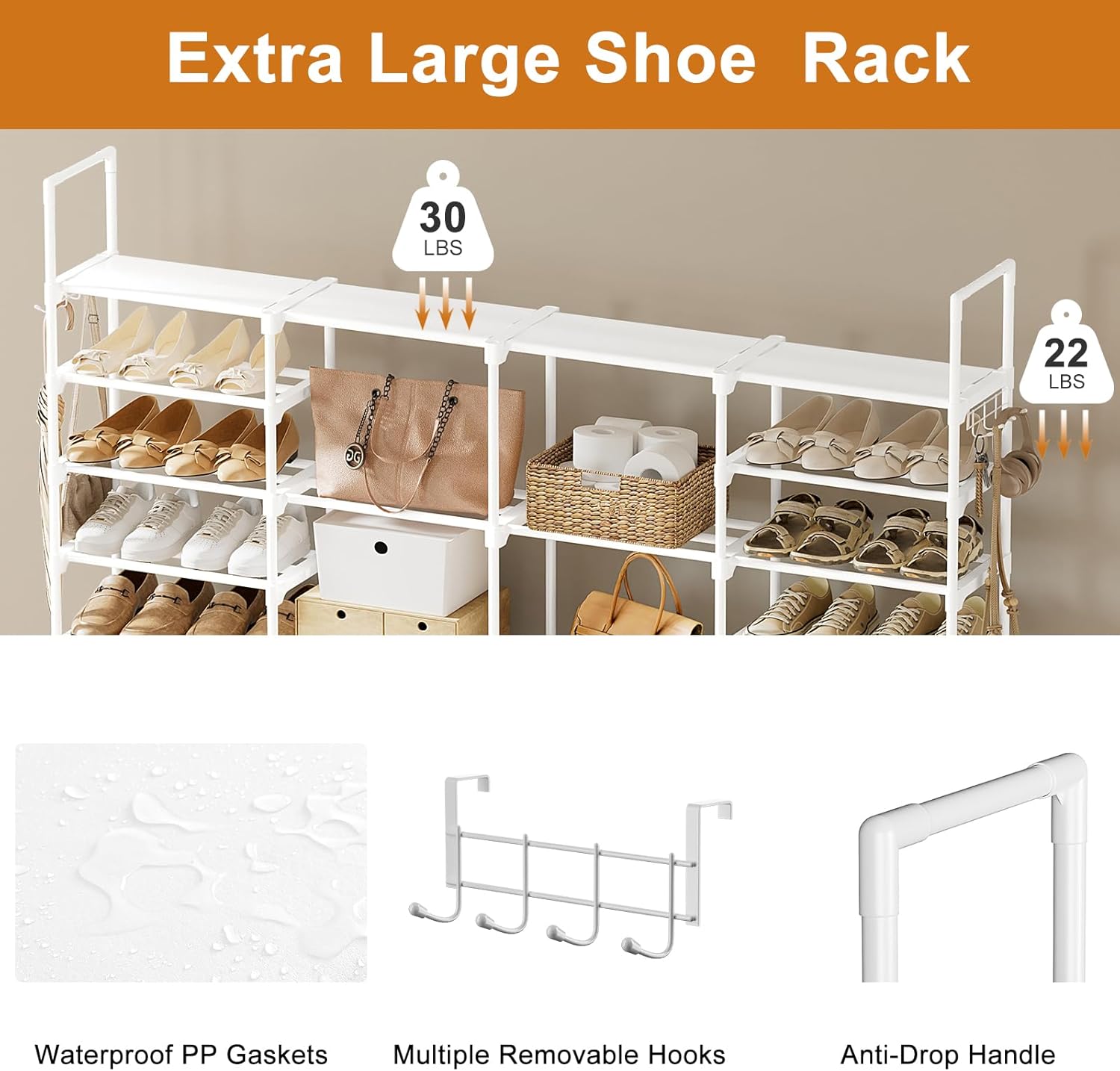 WOWLIVE 4 Row 10 Tiers Extra Large Shoe Rack Big Tall Metal Shoe Shelf, Heavy Duty Organizer for Closet Entryway, Boot Rack Storage Stackable Stand for Garage White