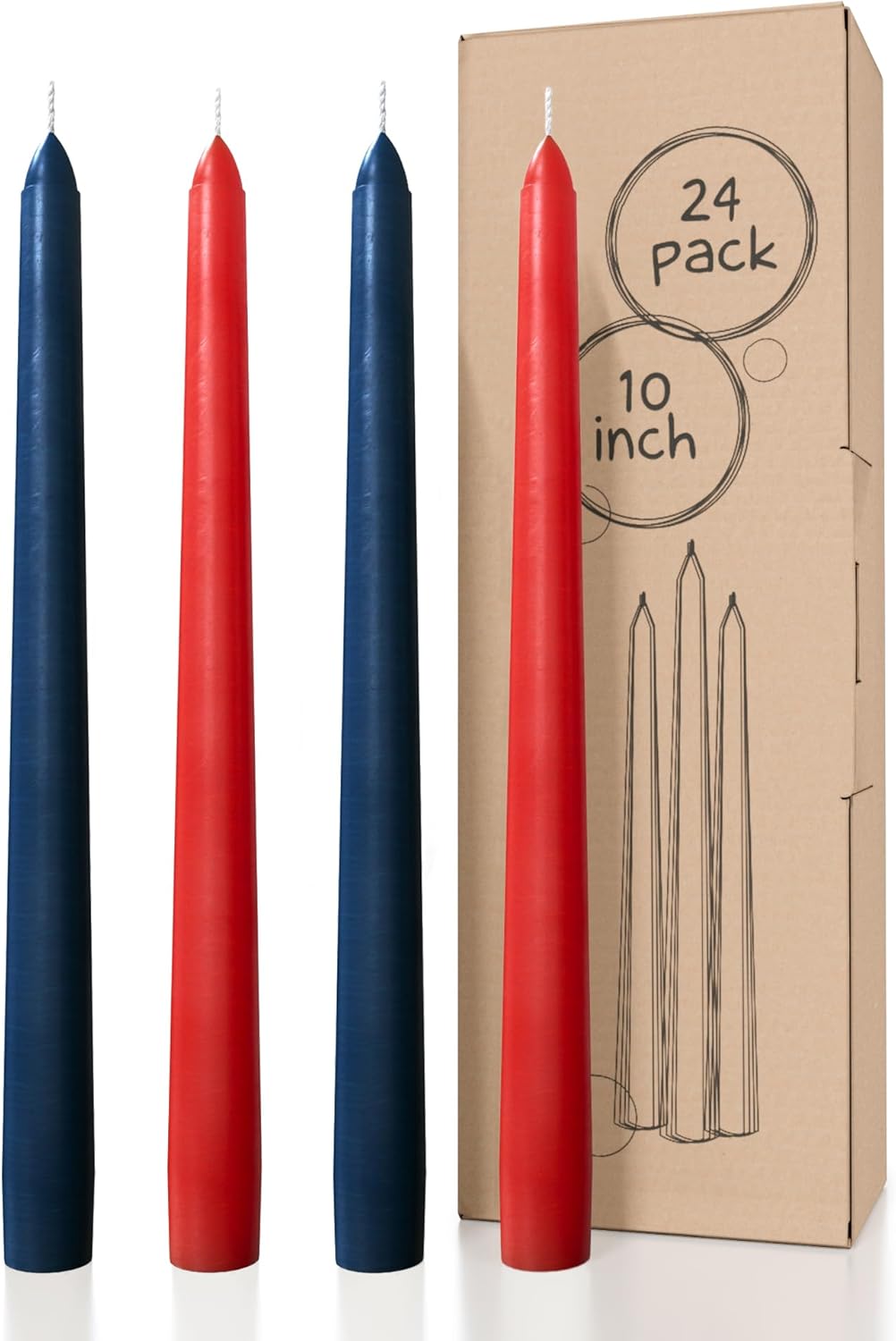 CANDWAX 10 Inch Dark Blue and Red Taper Candles Bundle - 12 Dark Blue Candlesticks and 12 Red Candle Sticks - Dripless and Smokeless Candlesticks Unscented - 24 Candles