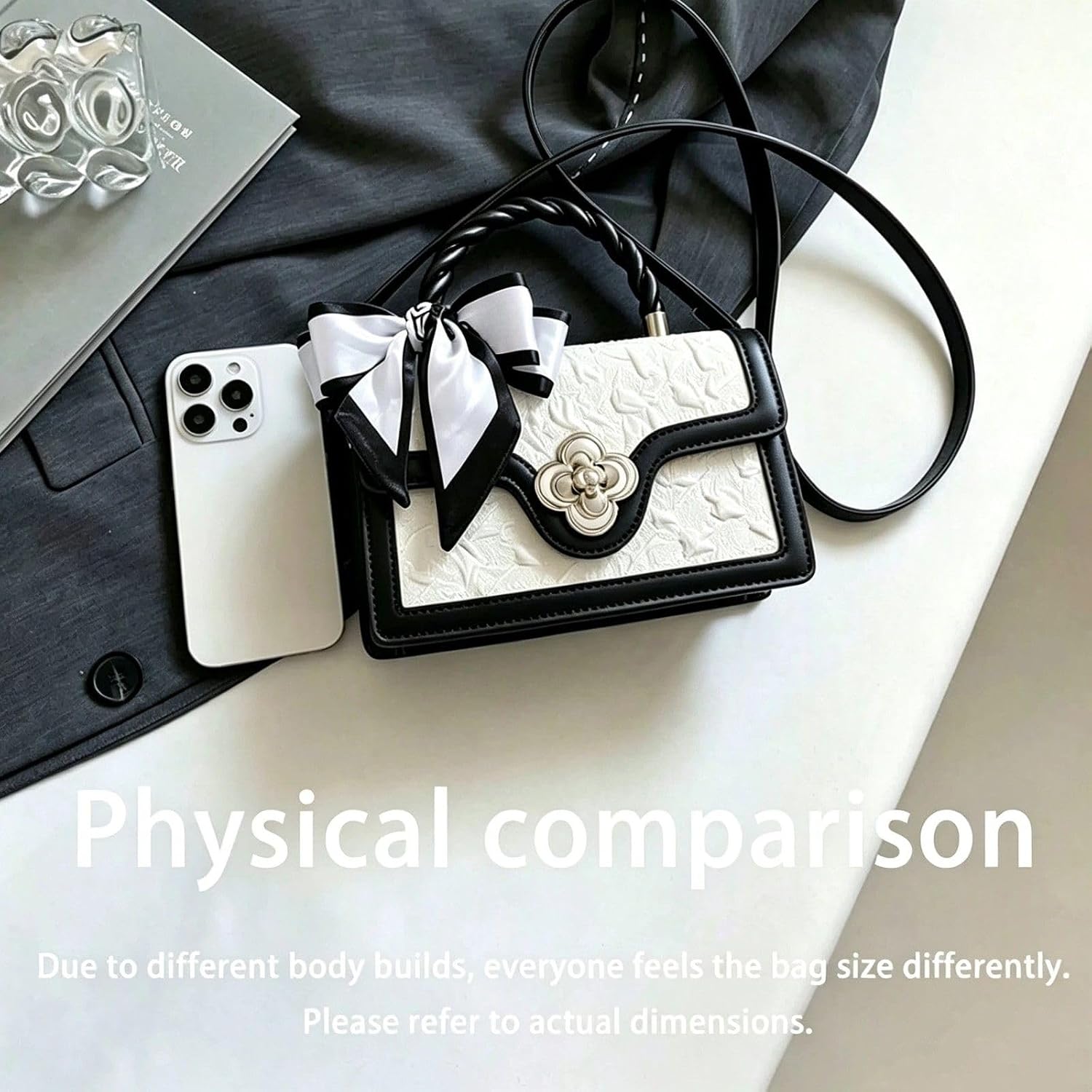 Black‑White Purse, Floral Metal Lock Crossbody Shoulder Bag for Date Night, Party & Daily Meetups