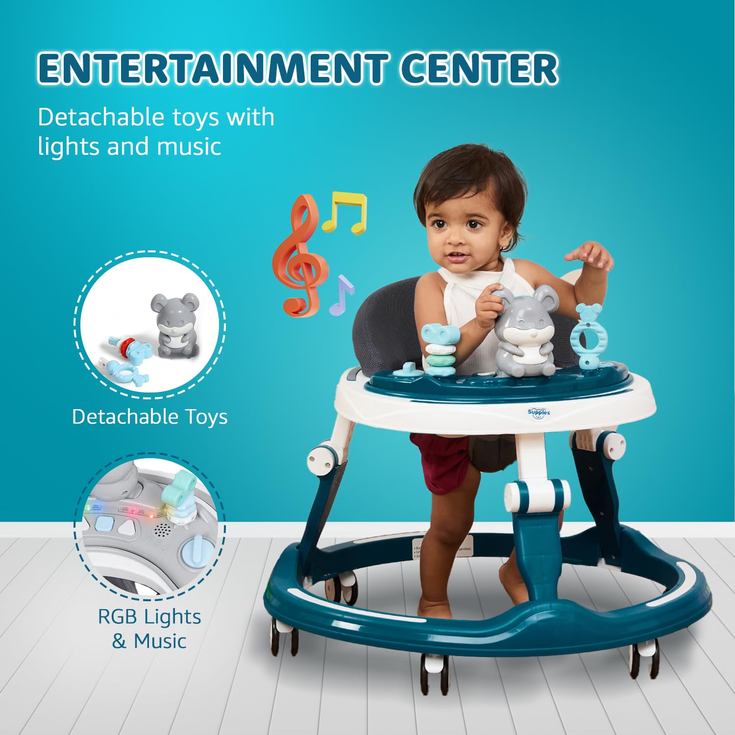 Amazon Brand - Supples Baby Walker (Musical) | Kids Walker with Toys | Baby Walkers for Boys & Girls 9+ Months | Adjustable Height Walker with RGB Lights | Sea Green & White - Image 3 thumbnail