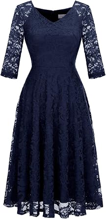 Dressystar Womens Long-Sleeve Wedding Guest Dress A-Line Lace Formal Party Cocktail Midi Dress Prom Gown