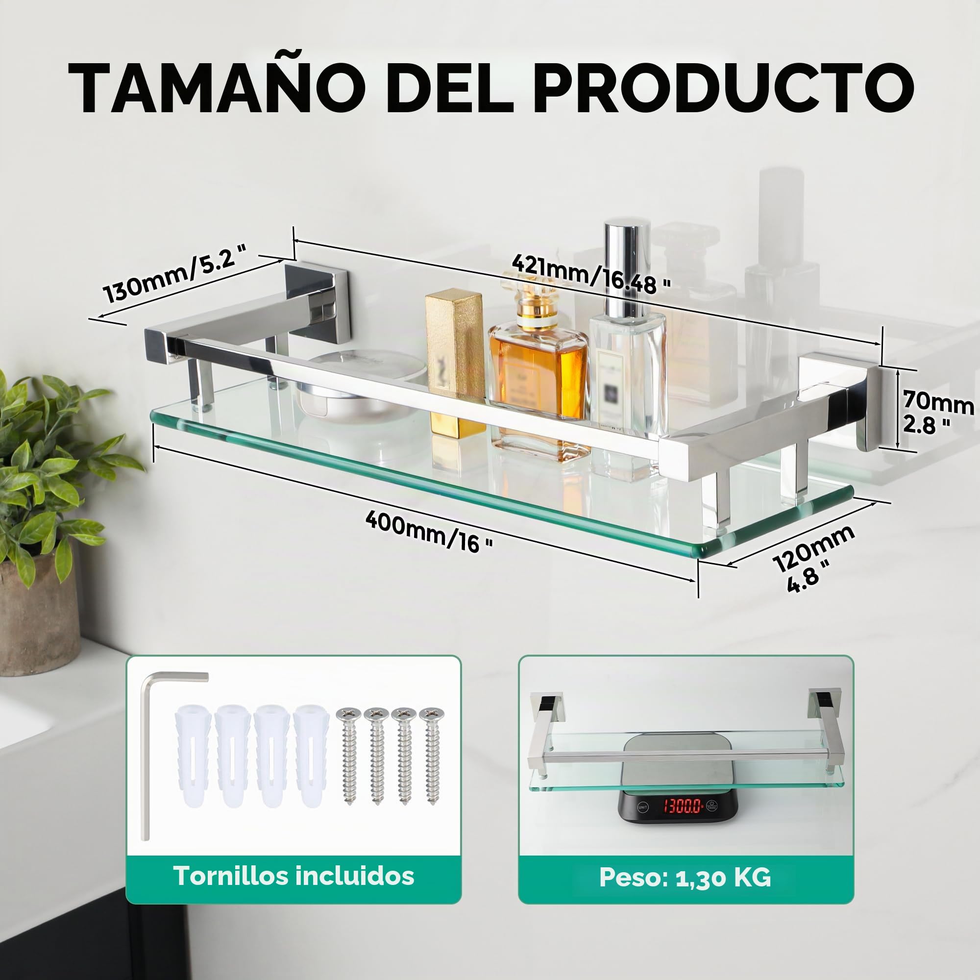 SAYAYO Estanteria Baño, Estanteria Ducha Cristal Pared Accesorios Baño Champú Organizador Baño Pulido Acero Inoxidable Soporte de Ducha de Vidrio para Baño 412mm x 130mm x 70mm, EGC2000-40-C
