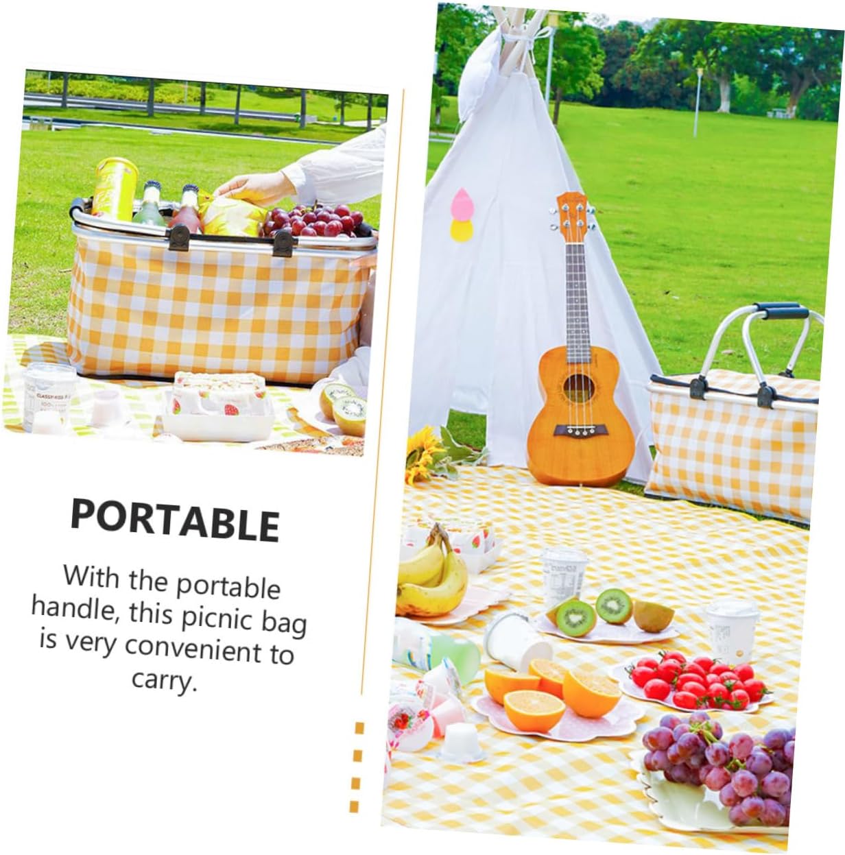 Mipcase 1pc Insulated Picnic Basket Portable BBQ Tote Handles Thick Material for Outdoor Picnics Easy to Store Yellow