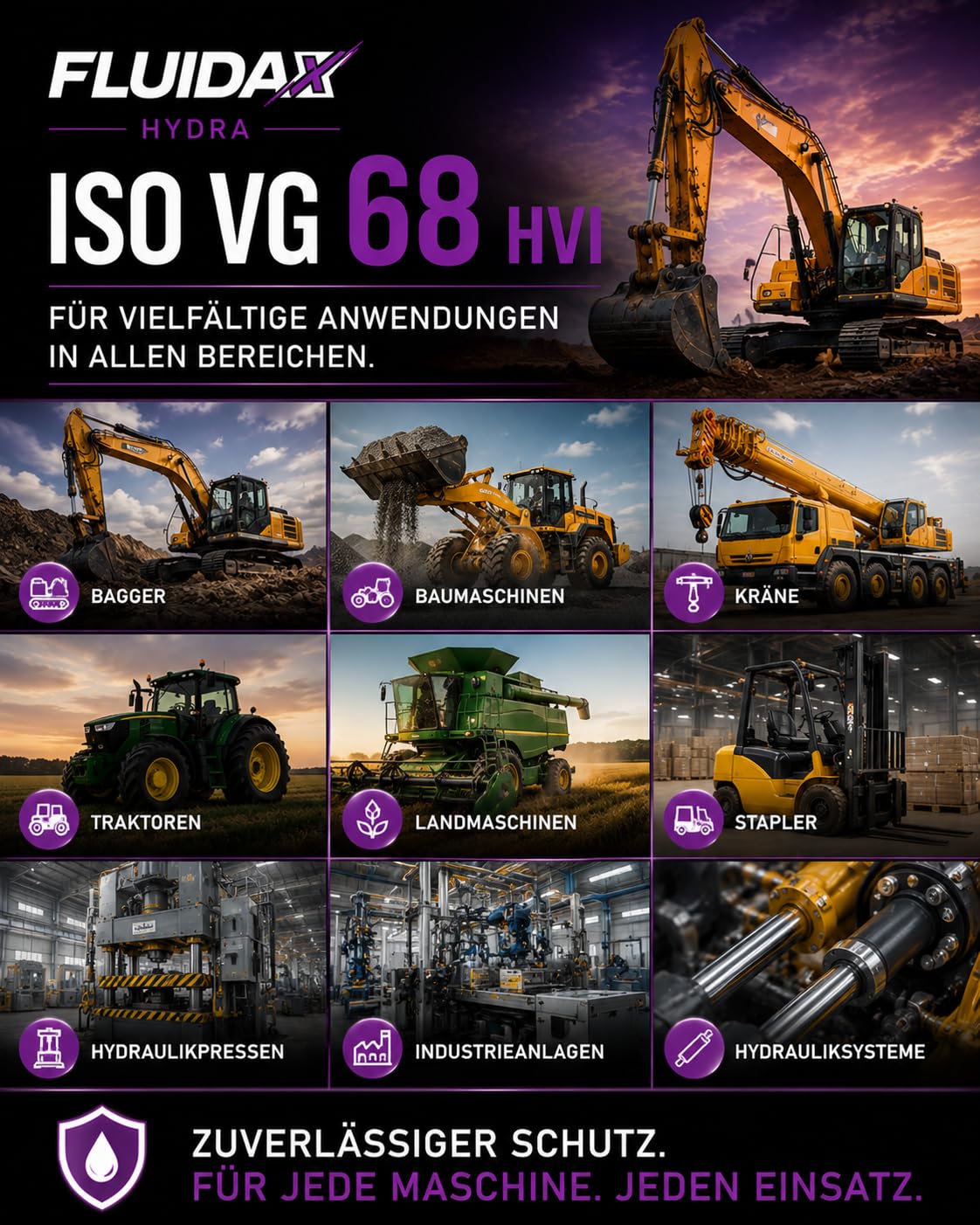 Hydrauliköl ISO VG 68 HVI 5L – Hoher Viskositätsindex – Verschleißschutz und Korrosionsschutz – Für Hydraulikanlagen, Baumaschinen, Landmaschinen und Industriemaschinen