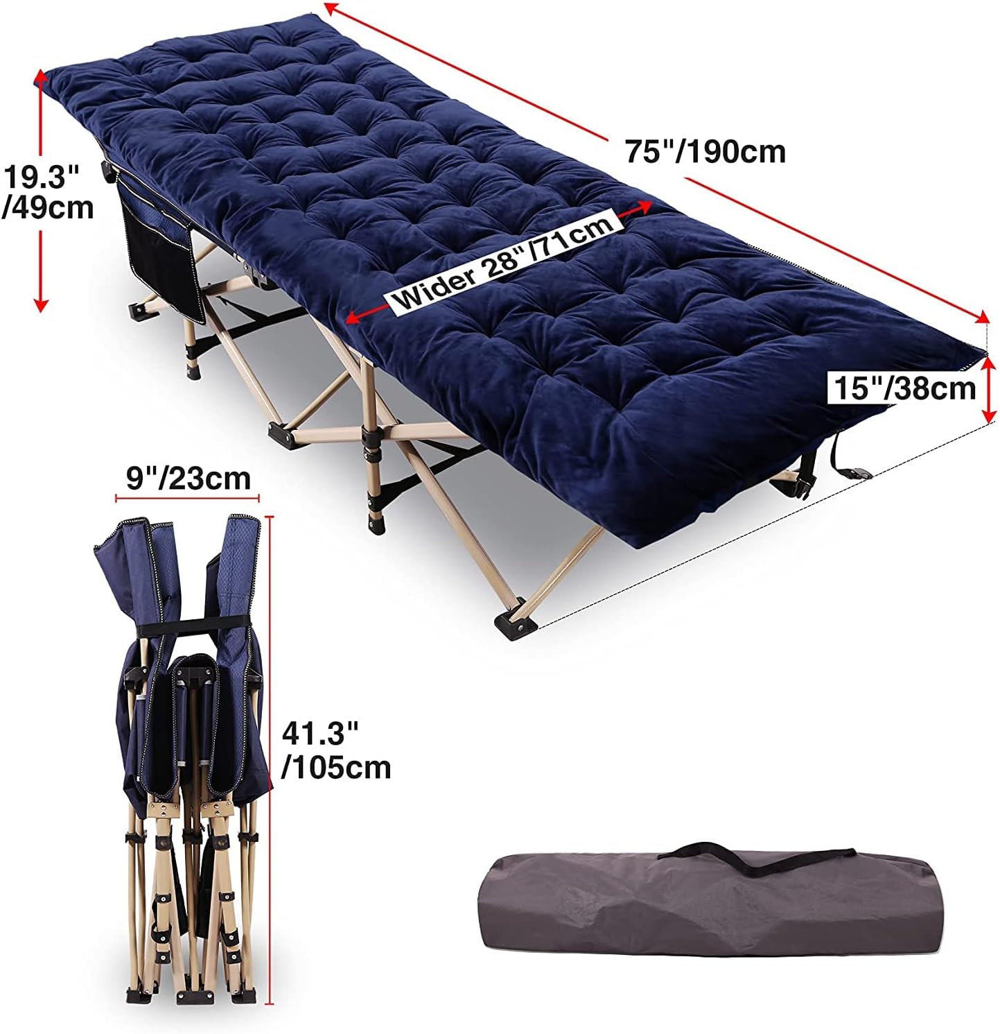REDCAMP Folding Camping Cots with Thicker Cot Pads for Adults Heavy Duty, 28" Extra Wide Sturdy Portable Sleeping Cot for Camp Office Use