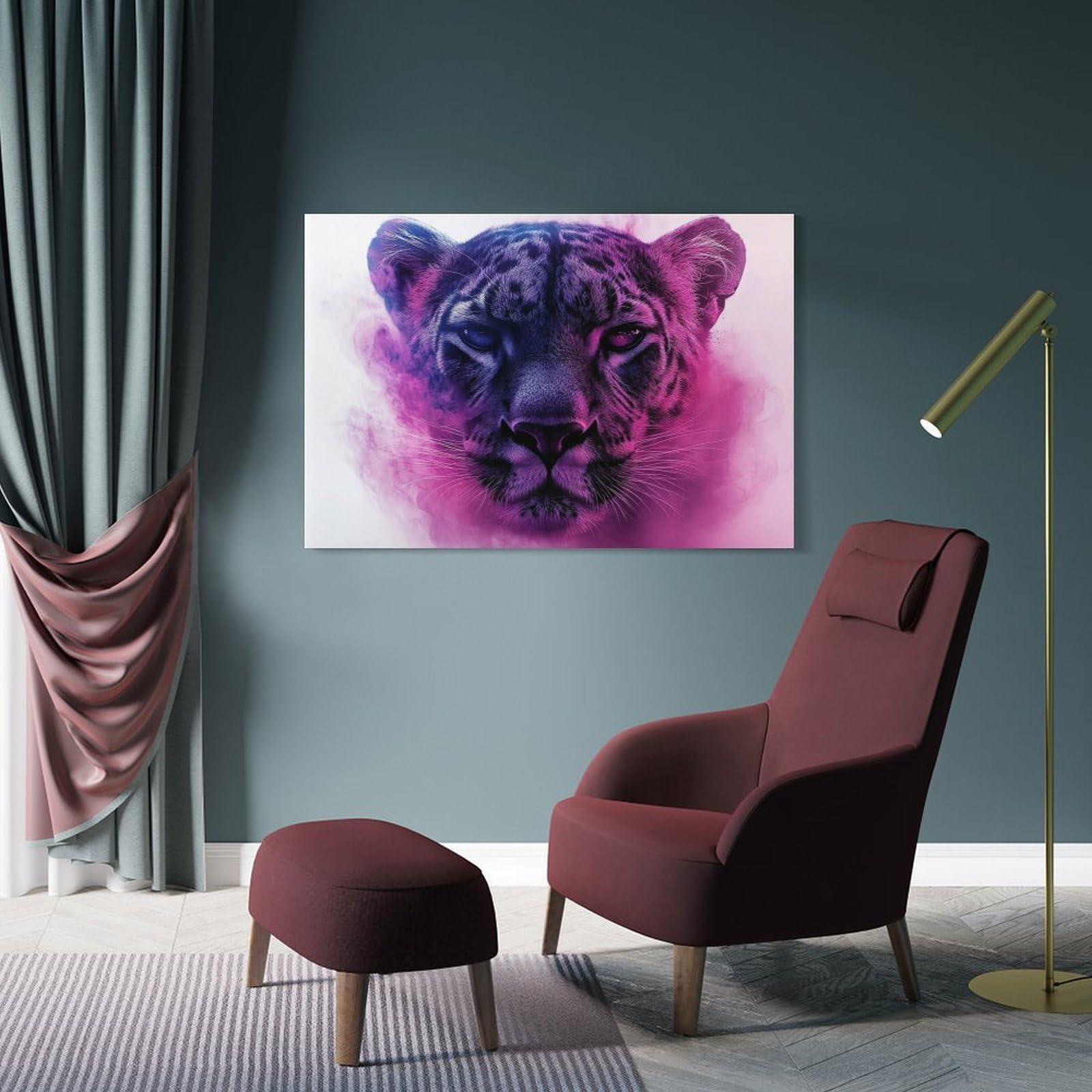 Junmoney Leopard Portrait with Purple Smoke Wall Decor Canvas Print, 08x12inch(20x30cm), for Wall Displays, Bedrooms Or Room Updates, Wall Decor Suited to Curated Displays