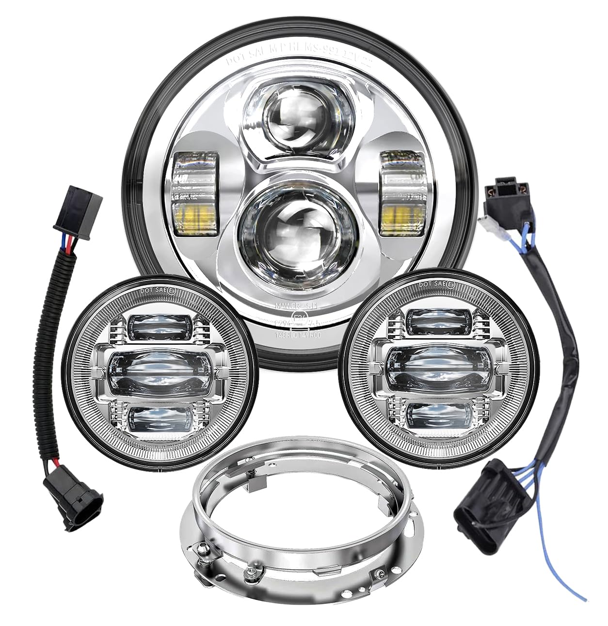 7 Inch Motorcycle LED Headlight 4.5" Fog Passing Lights DOT Kit for Harley Davidson Street Glide Touring Road King Electra Glide Fat boy Ultra Classic Heritage Softail Switchback CVO Tri Glide Chrome