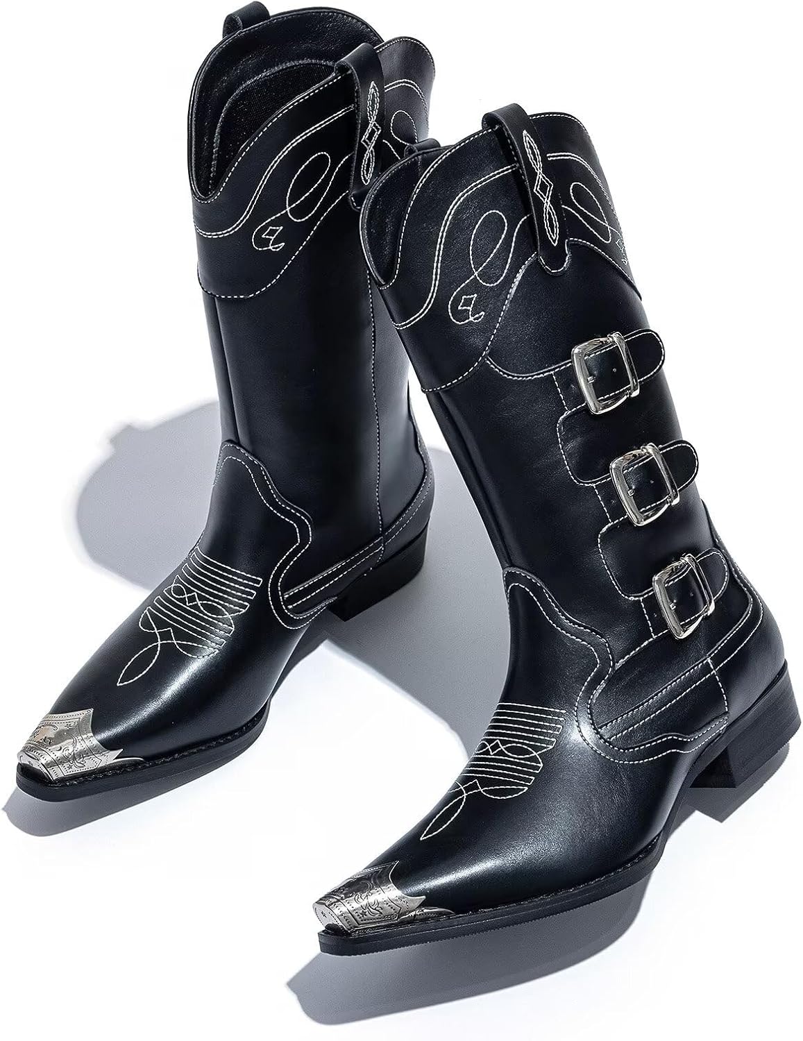 Men’s Western Cowboy Boots with Triple Buckle Straps, Pointed Toe, Durable Leather Riding Boots - Image 8
